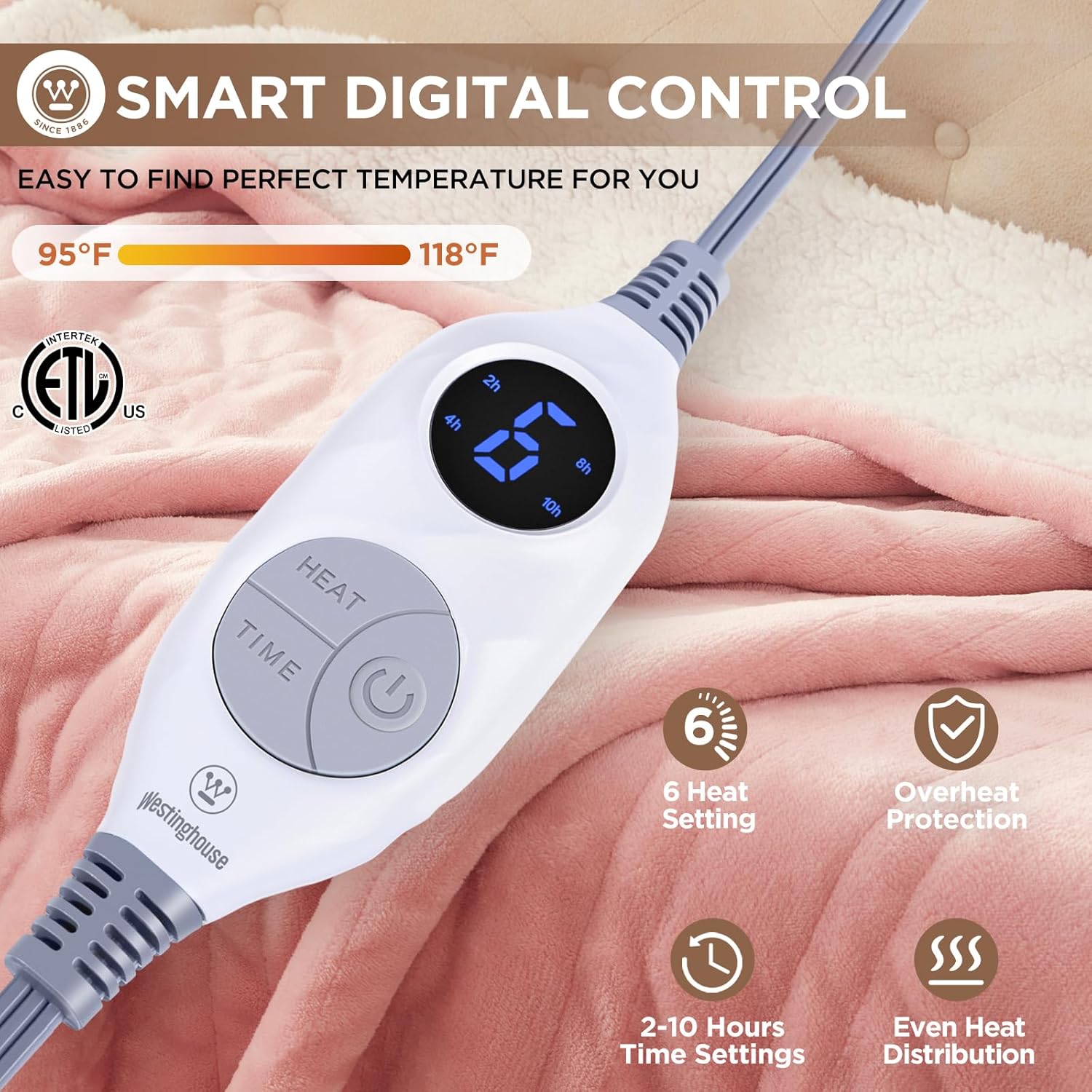 Westinghouse Heated Throw Blanket, Soft Flannel to Sherpa Electric Throw with 6 Heating Levels, 2-10 Hours Time Settings, Fast Heating, Machine Washable 50x60 Inch, Charcoal