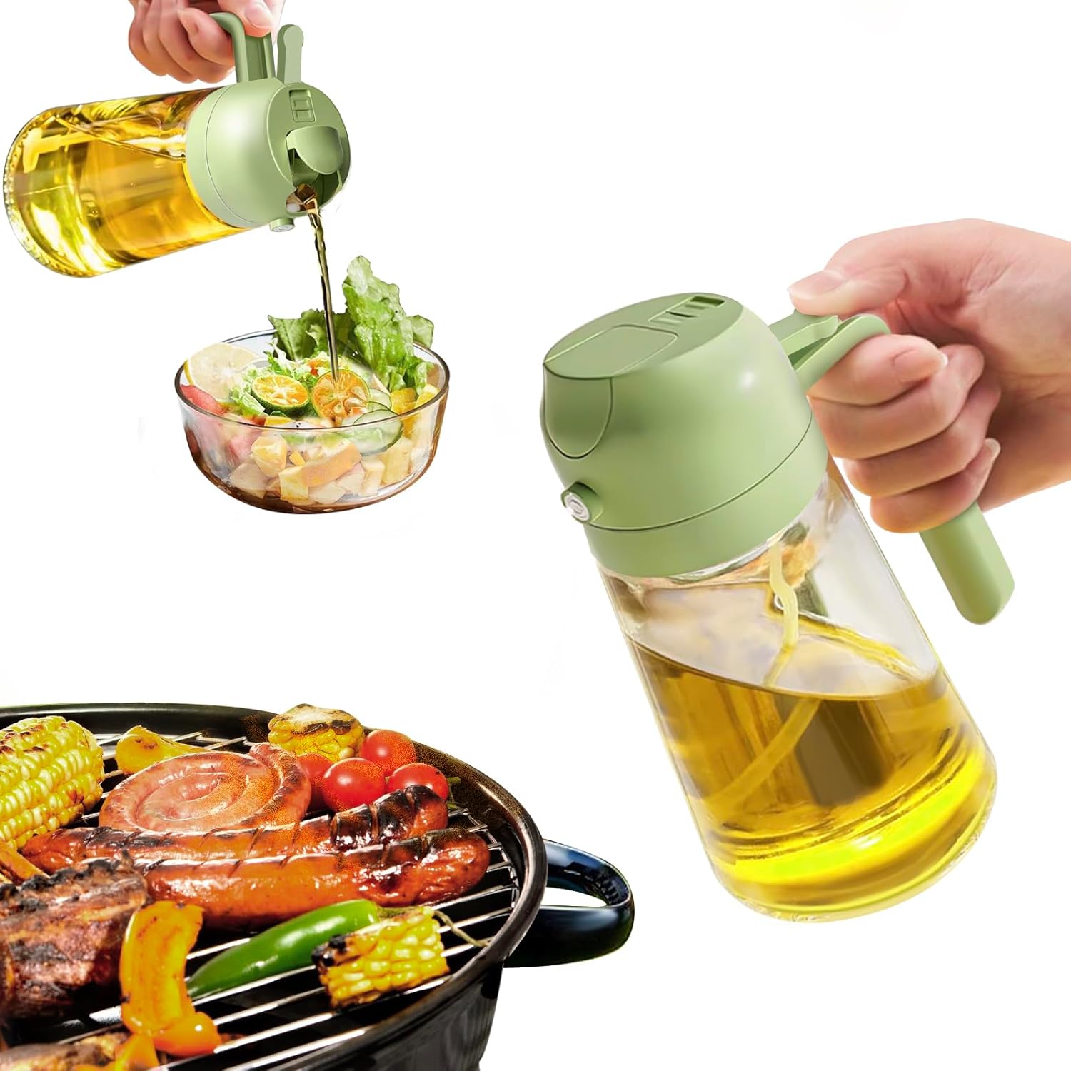YARRAMATE Oil Sprayer for Cooking, 2 in 1 Olive Oil Dispenser Bottle for Kitchen, 16oz/470ml Premium Glass Oil Bottle, Food-grade Oil Mister for Air Fryer, Salad, Frying, BBQ (Creamy White)