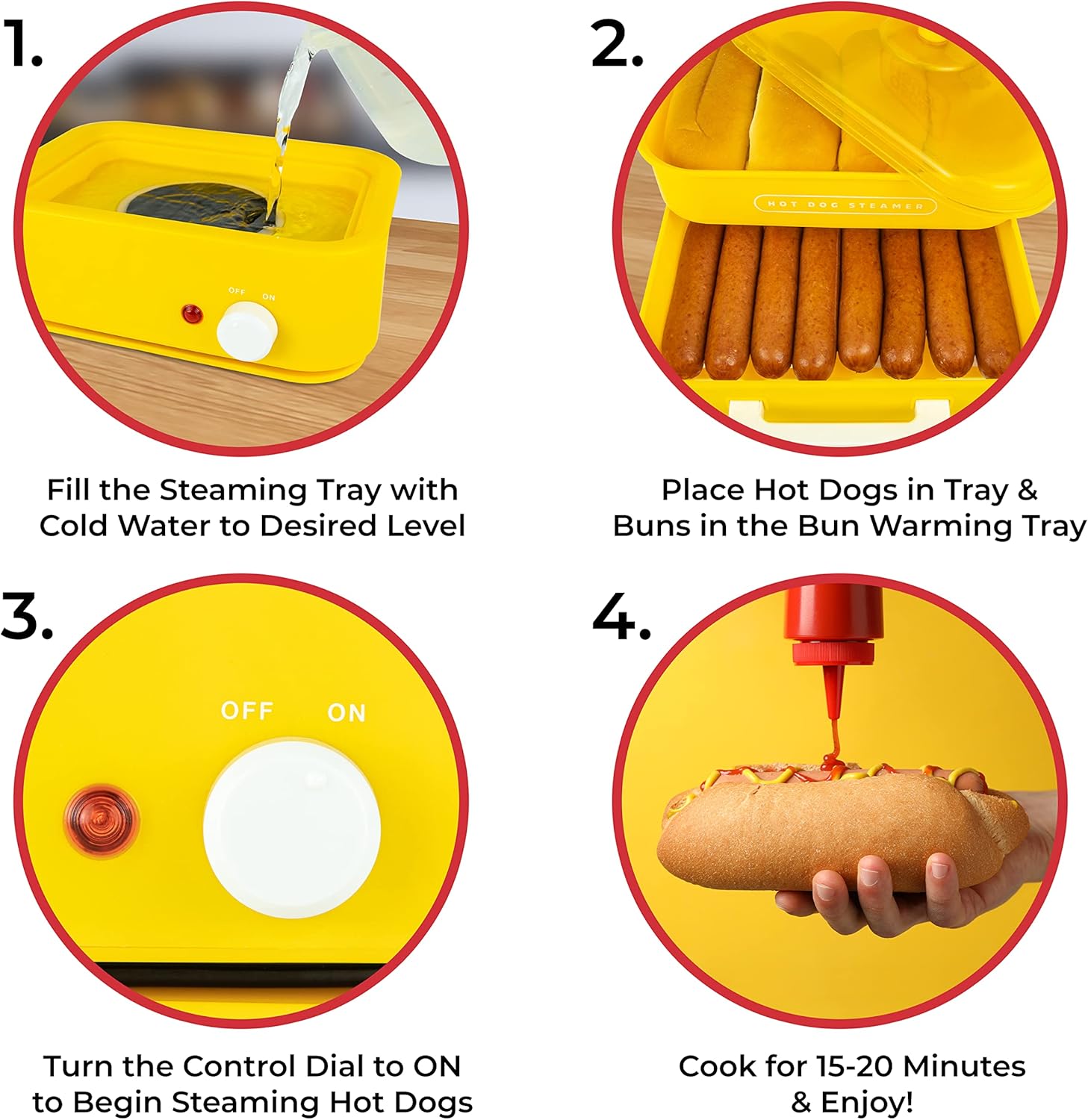 Nostalgia Extra Large Diner-Style Coca-Cola Hot Dog Steamer and Bun Warmer, 24 Hot Dog and 12 Bun Capacity, Steam Bratwursts, Sausages, Vegetables, Fish, Dumplings, Red