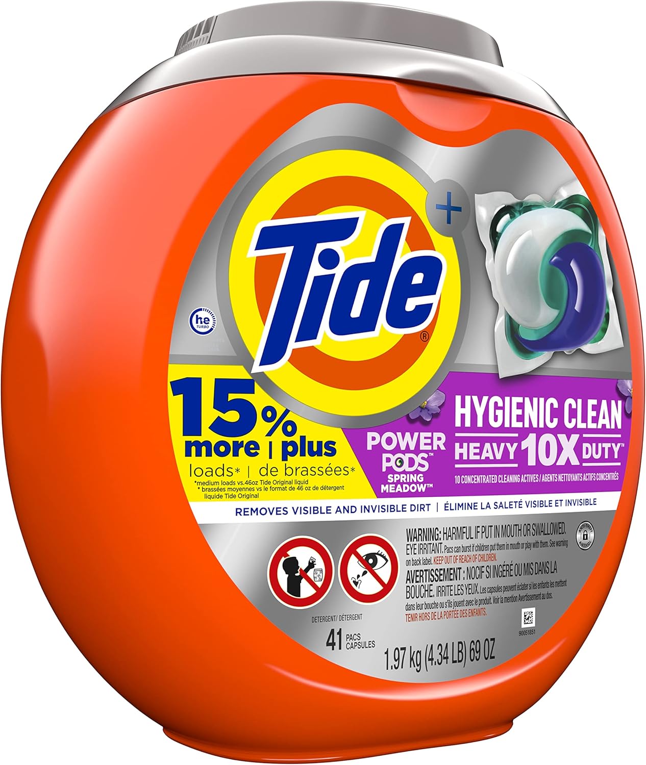 Tide Hygienic Clean Heavy 10x Duty Power PODS Laundry Detergent Pacs For Visible and Invisible Dirt, Spring Meadow Scent, 45 Count
