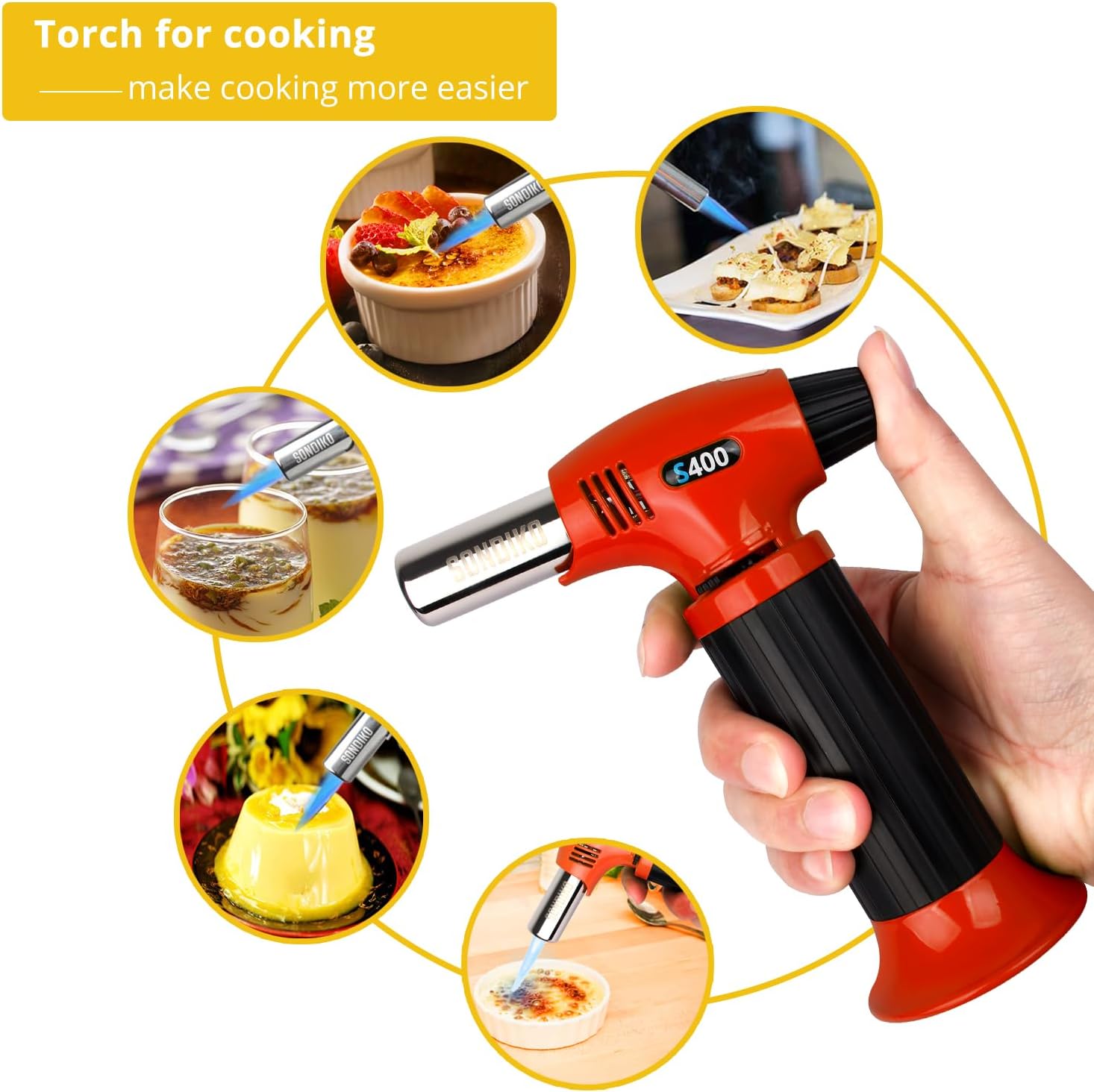 Sondiko Butane Torch S400, Refillable Kitchen Torch Lighter, Fit All Butane Tanks Blow Torch with Safety Lock and Adjustable Flame for Desserts, Creme Brulee, and Baking—Butane Gas Is Not Included