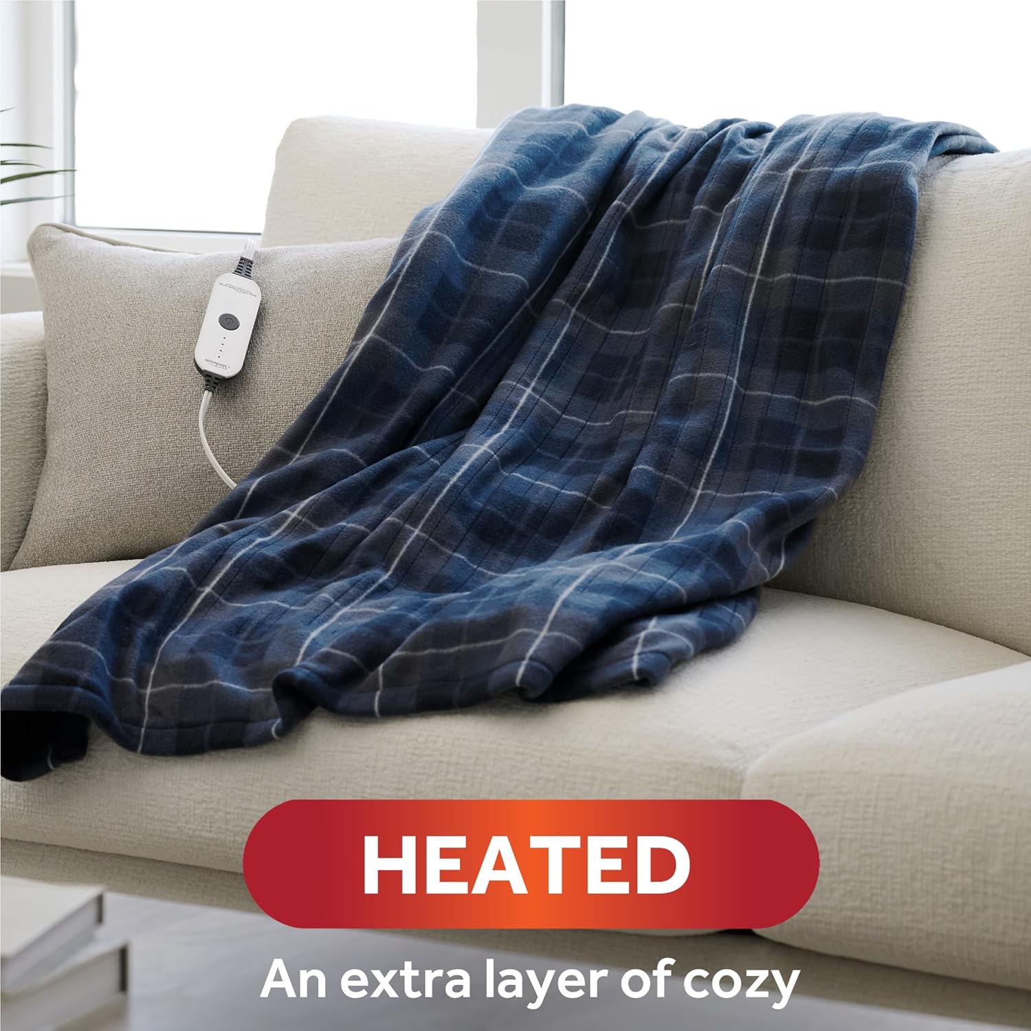 Sunbeam Royal Ultra Rodeen Blue Plaid Heated Personal Throw / Blanket, Cozy-Warm, Adjustable Heat Settings