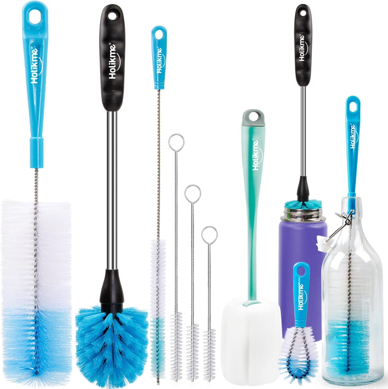 Holikme 8 Pack Bottle Brush Cleaning Set, Long Handle Bottle Cleaner for Washing Narrow Neck Beer Bottles Wine Decanter Narrow Cup Pipes Sinks Cup Cover, White
