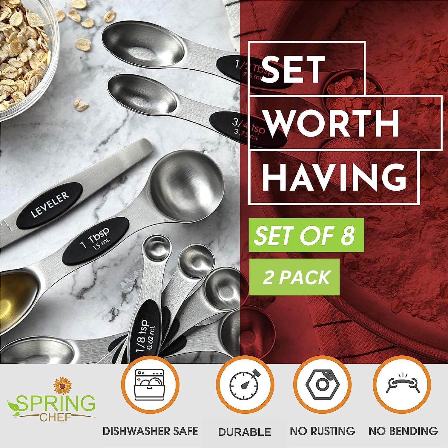 Spring Chef Magnetic Measuring Spoons Set with Strong N45 Magnets, Heavy Duty Stainless Steel Metal, Fits in Most Kitchen Spice Jars for Baking & Cooking, BPA Free, Black, Set of 8 with Leveler