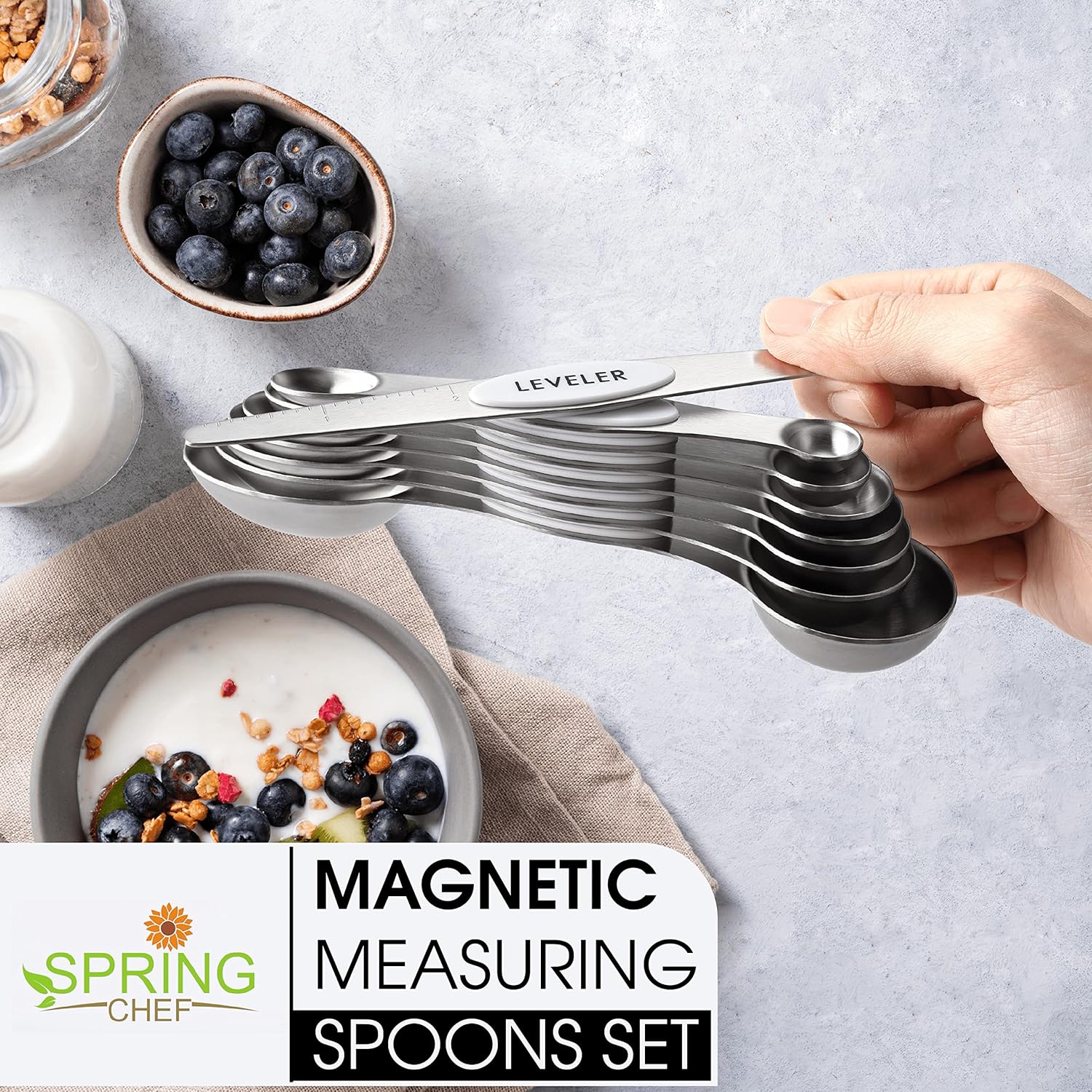 Spring Chef Magnetic Measuring Spoons Set with Strong N45 Magnets, Heavy Duty Stainless Steel Metal, Fits in Most Kitchen Spice Jars for Baking & Cooking, BPA Free, Black, Set of 8 with Leveler