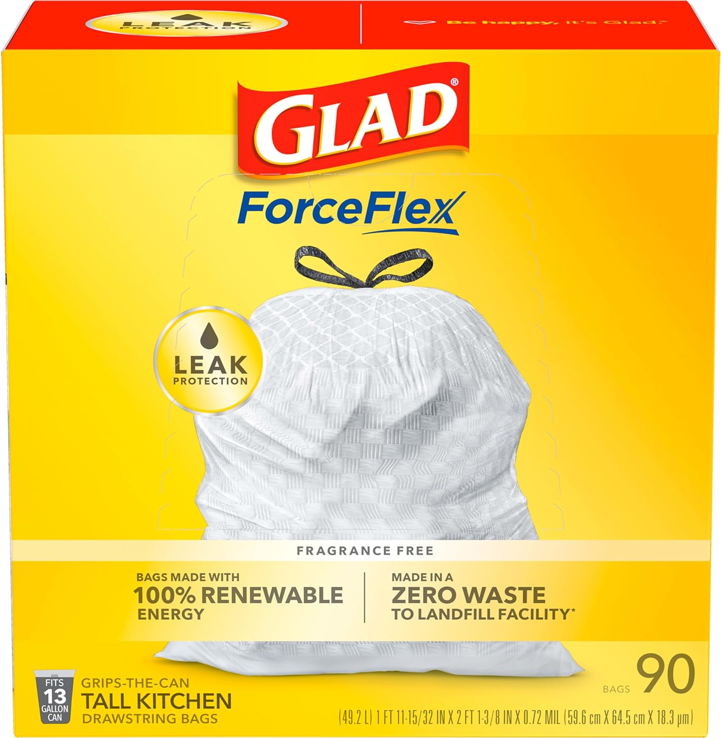 Glad Trash Bags, ForceFlex Tall Kitchen Drawstring Garbage Bags 13 Gallon White Trash Bag, Gain Moonlight Breeze scent with Febreze Freshness 100 Count (Package May Vary)