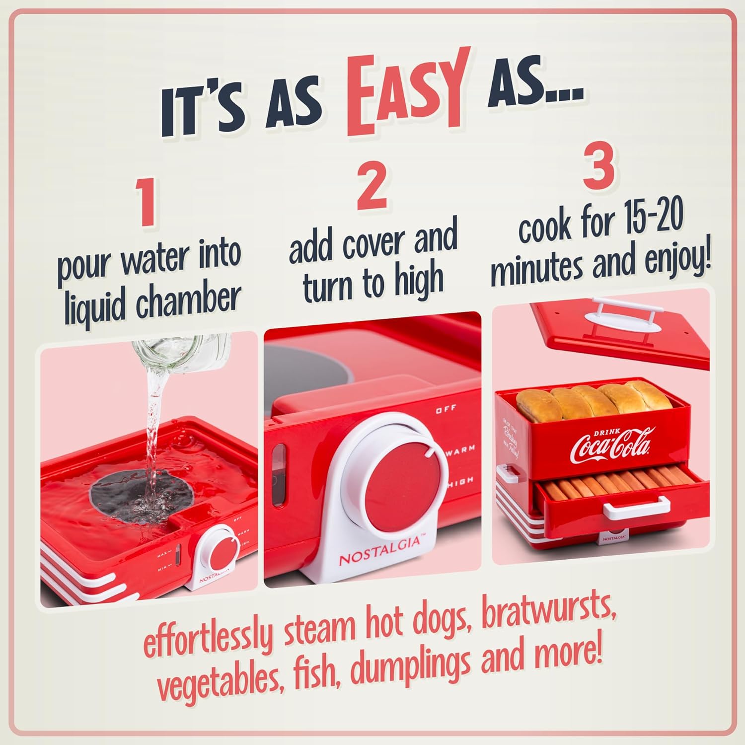 Nostalgia Extra Large Diner-Style Coca-Cola Hot Dog Steamer and Bun Warmer, 24 Hot Dog and 12 Bun Capacity, Steam Bratwursts, Sausages, Vegetables, Fish, Dumplings, Red