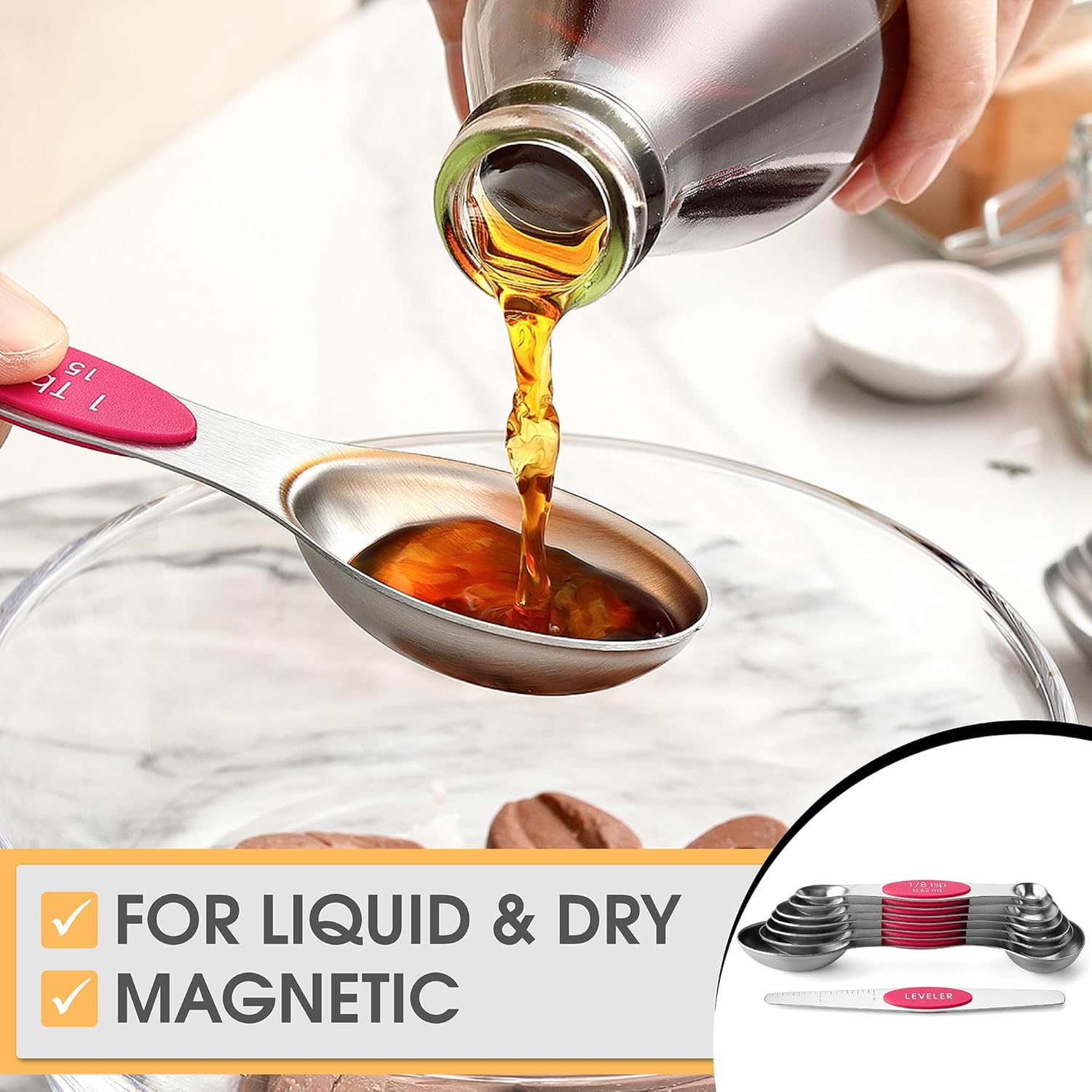 Spring Chef Magnetic Measuring Spoons Set with Strong N45 Magnets, Heavy Duty Stainless Steel Metal, Fits in Most Kitchen Spice Jars for Baking & Cooking, BPA Free, Black, Set of 8 with Leveler