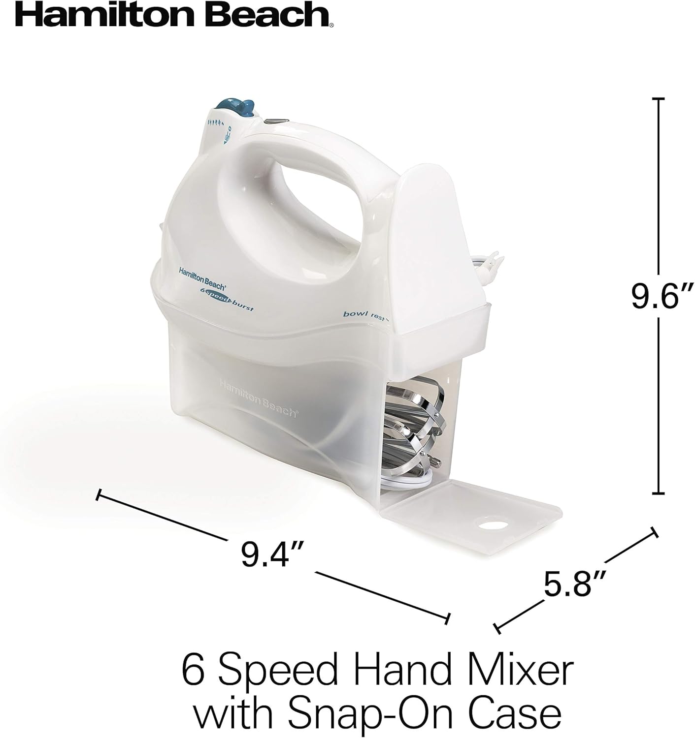 Hamilton Beach Power Deluxe 6-Speed Electric Hand Mixer with Snap-On Storage Case, QuickBurst, Beaters, Whisk, Powerful 250 Watt Motor, Bowl Rest, Black (62692)