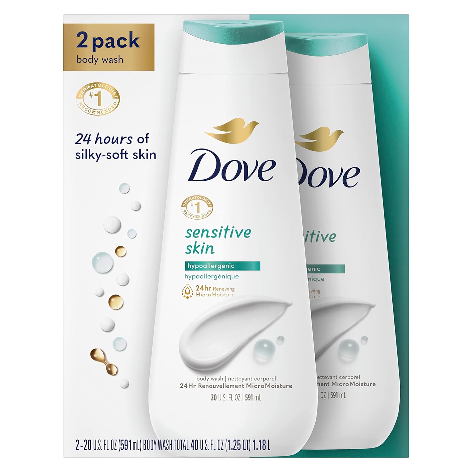 Dove Body Wash 3 Count with Pump Sensitive Skin Hypoallergenic, Paraben-Free, Sulfate-Free, Cruelty-Free, Moisturizing Skin Cleanser Effectively Washes Away Bacteria While Nourishing Skin 30.6 oz