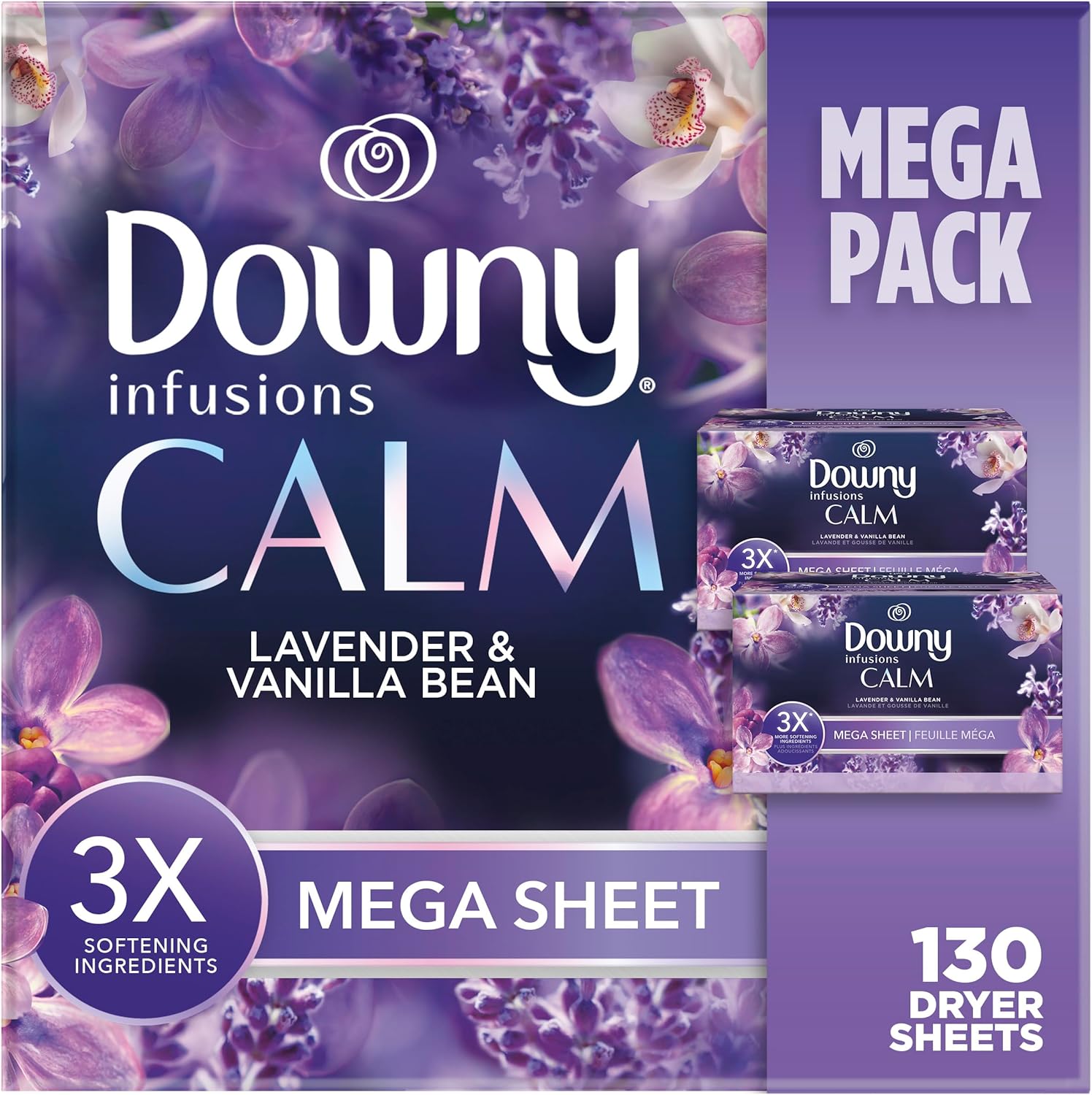 Downy Infusions Mega Dryer Sheets, Laundry Fabric Softener, CALM, Lavender and Vanilla Bean, 180 Count (3 box of 60 sheets)