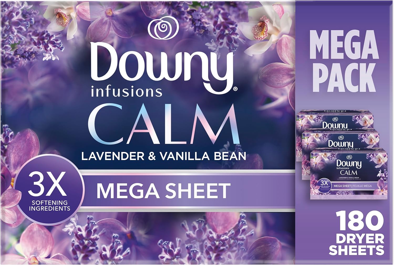Downy Infusions Mega Dryer Sheets, Laundry Fabric Softener, CALM, Lavender and Vanilla Bean, 180 Count (3 box of 60 sheets)