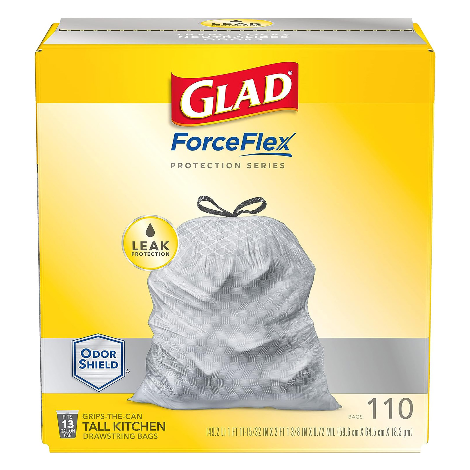 GLAD ForceFlex Tall Drawstring Trash Bags, 13 Gallon White Trash Bags for Tall Kitchen Trash Can, Unscented Leak Protection Bags, 120 Count - Packaging May Vary