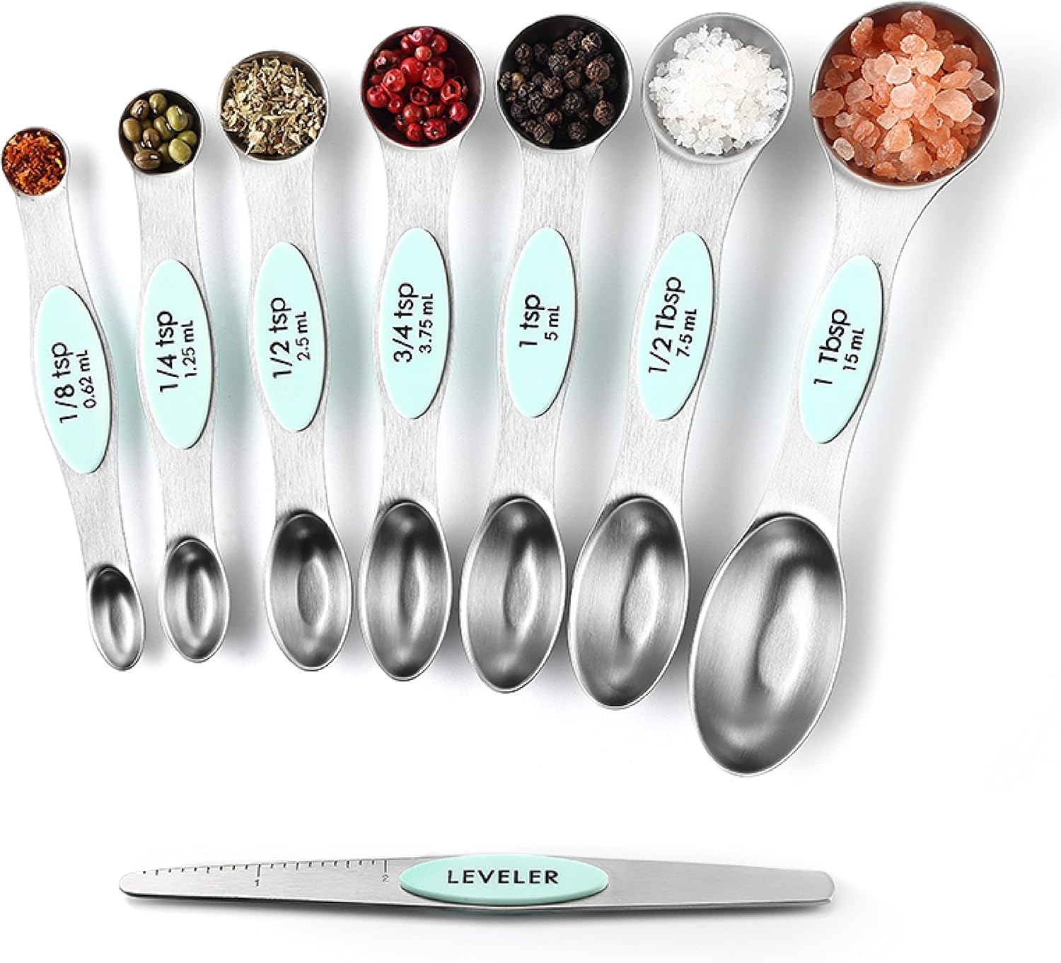 Spring Chef Magnetic Measuring Spoons Set with Strong N45 Magnets, Heavy Duty Stainless Steel Metal, Fits in Most Kitchen Spice Jars for Baking & Cooking, BPA Free, Black, Set of 8 with Leveler