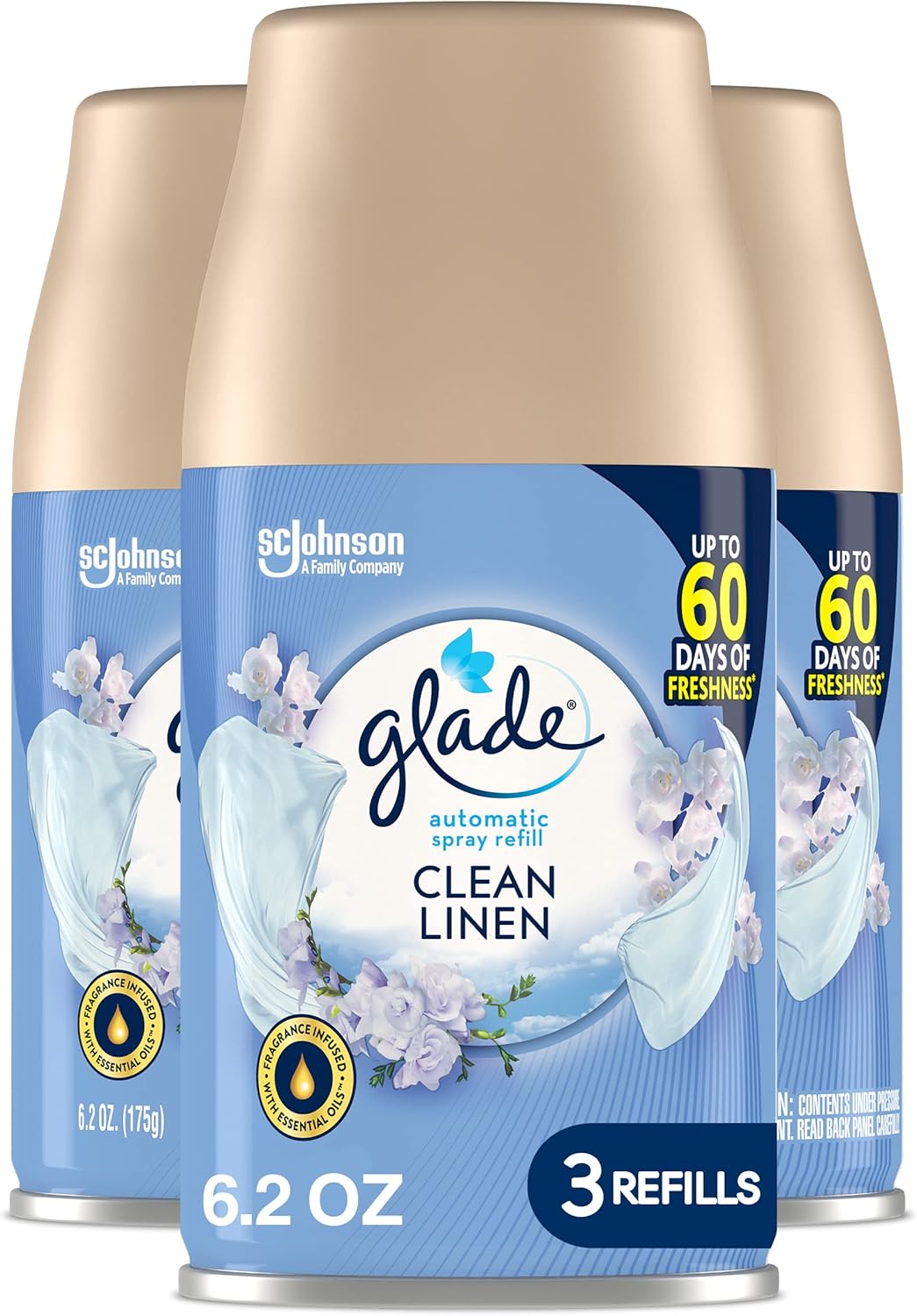 Glade Automatic Spray Air Freshener Refill, Scented Air Freshener for Home and Bathroom, Clean Linen, 6.2 Oz, 3 Count