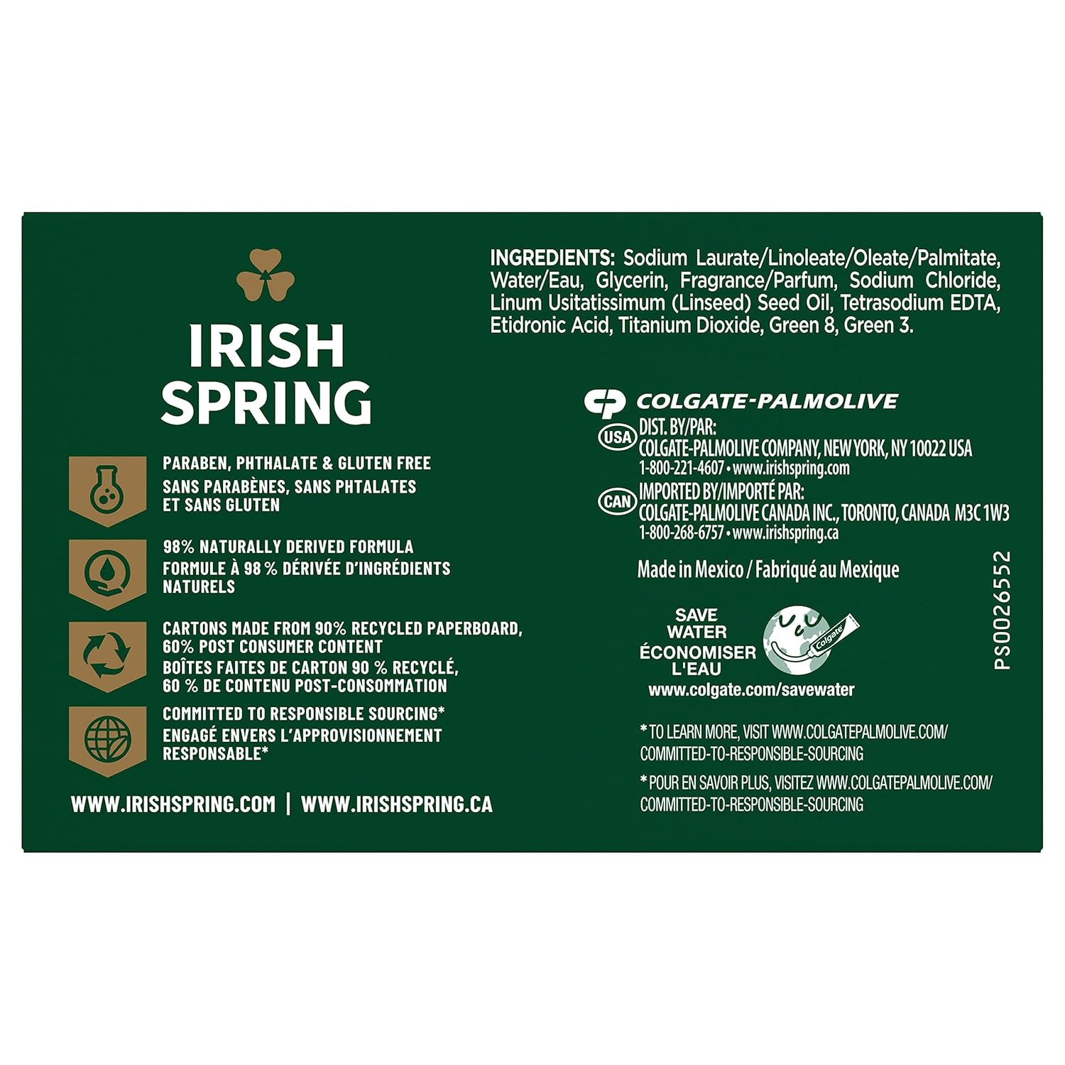 Irish Spring Bar Soap for Men, Original Clean, Smell Fresh and Clean for 12 Hours, Men Soap Bars for Washing Hands and Body, Mild for Skin, Recyclable Carton, 3.7 Ounce - 3 Count (Pack of 8)