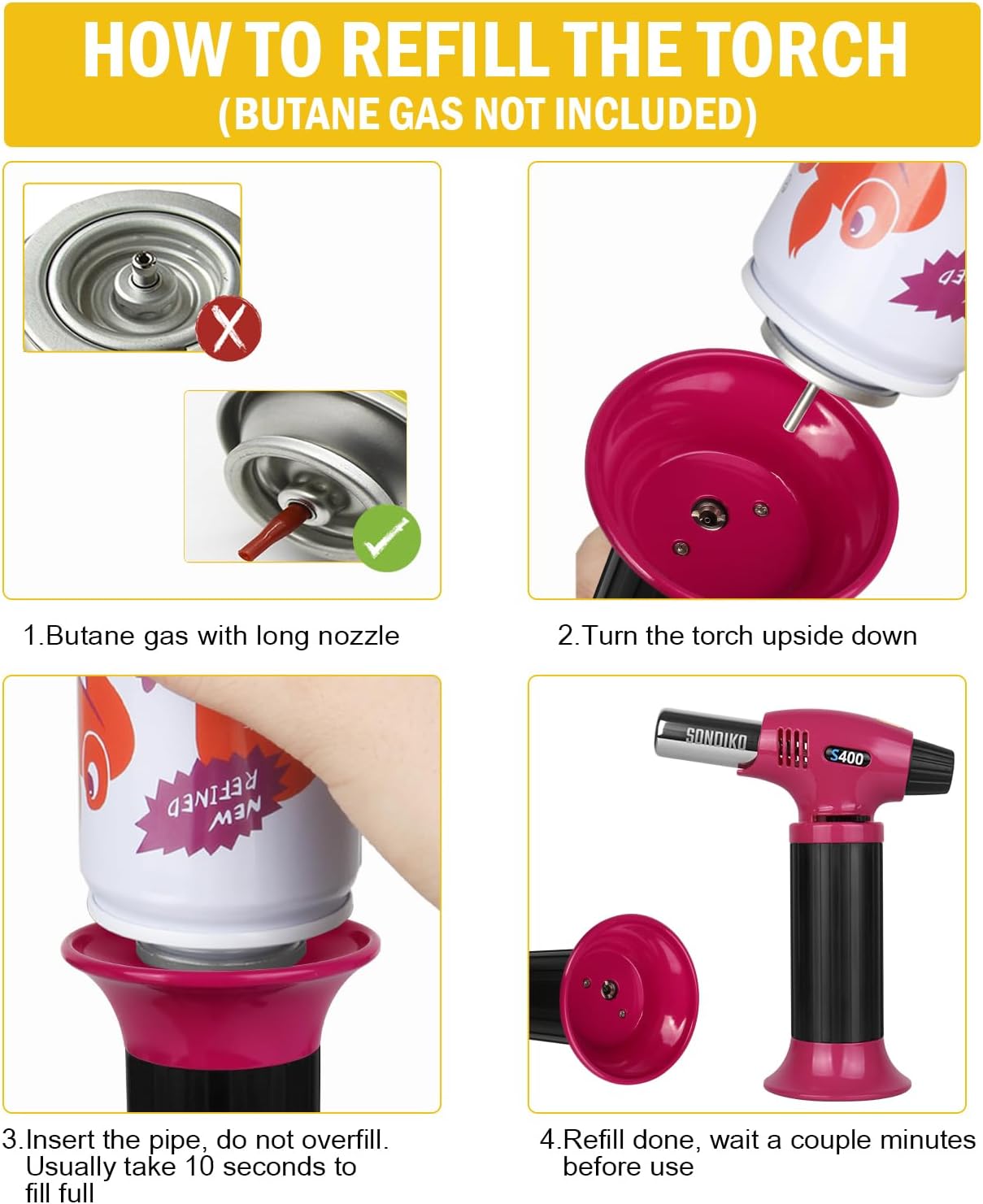 Sondiko Butane Torch S400, Refillable Kitchen Torch Lighter, Fit All Butane Tanks Blow Torch with Safety Lock and Adjustable Flame for Desserts, Creme Brulee, and Baking—Butane Gas Is Not Included