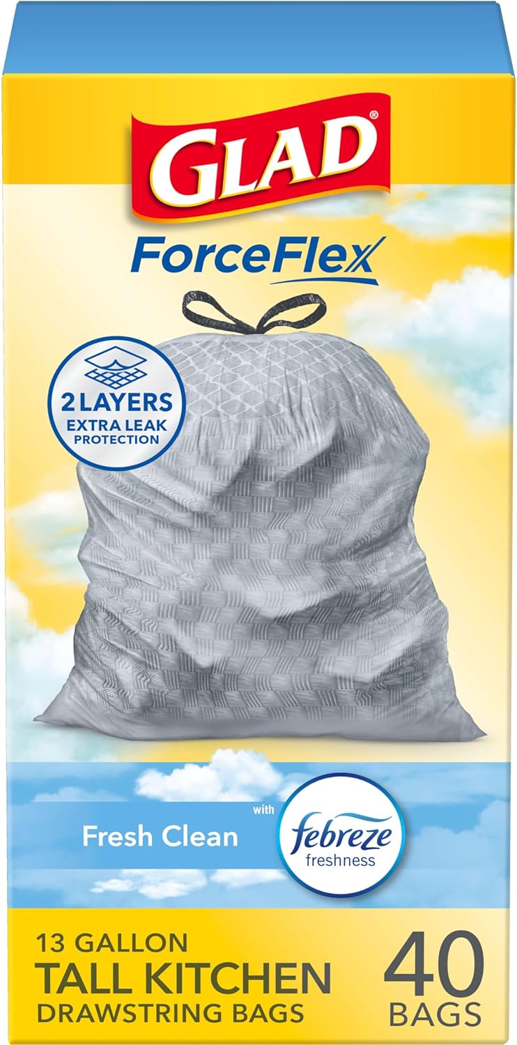 Glad Tall Kitchen Drawstring Trash Bags - Odorshield 13 Gallon White Trash Bag, Febreze Fresh Clean, 110 Count