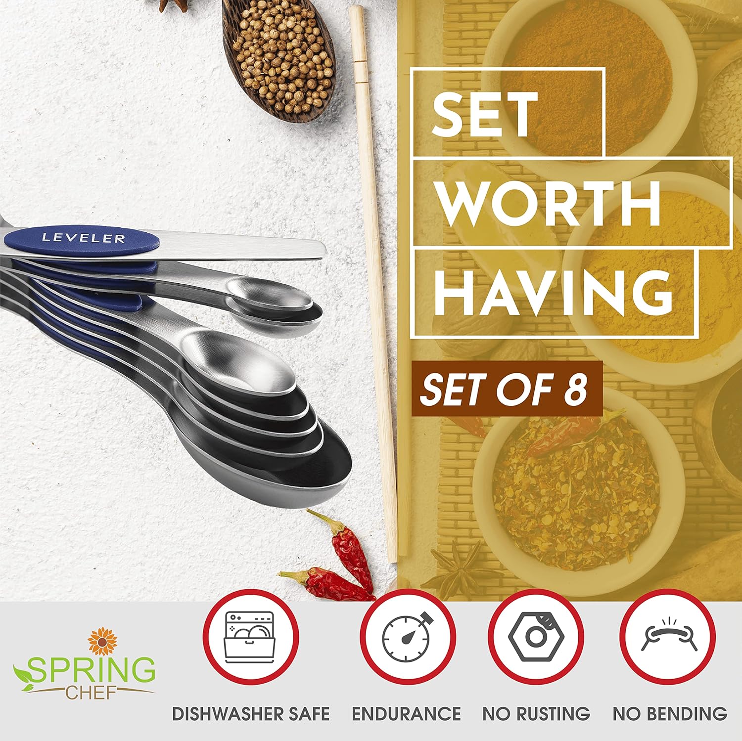 Spring Chef Magnetic Measuring Spoons Set with Strong N45 Magnets, Heavy Duty Stainless Steel Metal, Fits in Most Kitchen Spice Jars for Baking & Cooking, BPA Free, Black, Set of 8 with Leveler