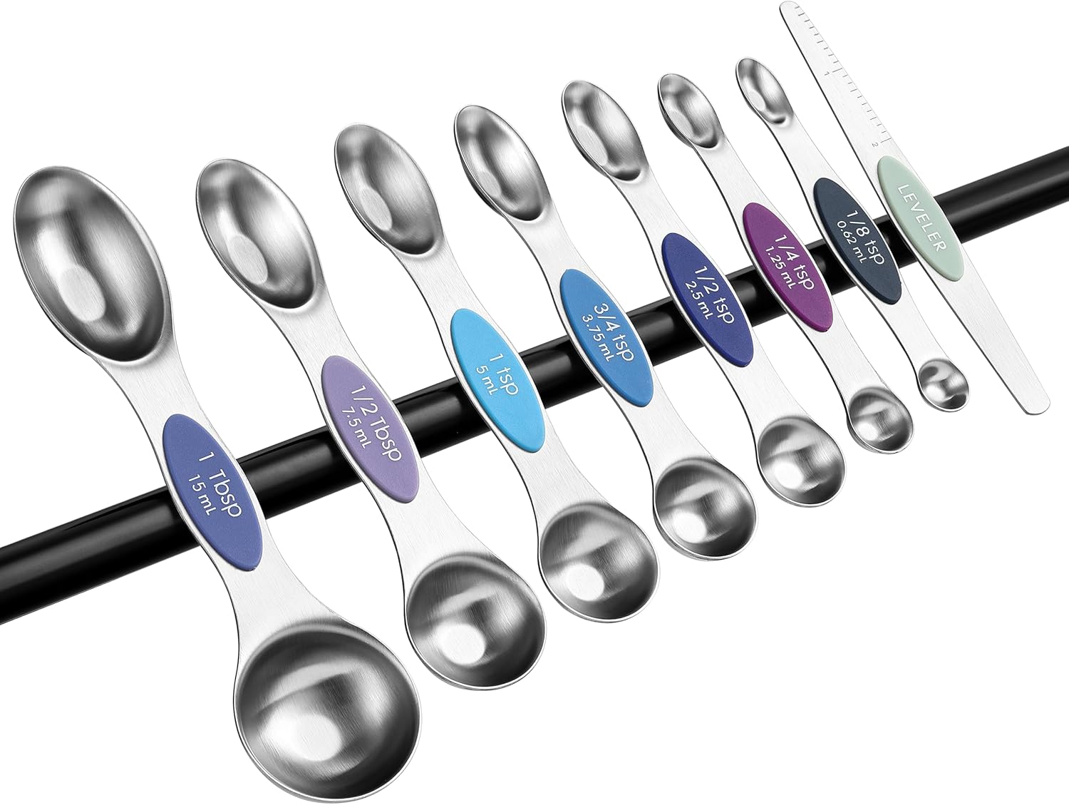Spring Chef Magnetic Measuring Spoons Set with Strong N45 Magnets, Heavy Duty Stainless Steel Metal, Fits in Most Kitchen Spice Jars for Baking & Cooking, BPA Free, Black, Set of 8 with Leveler