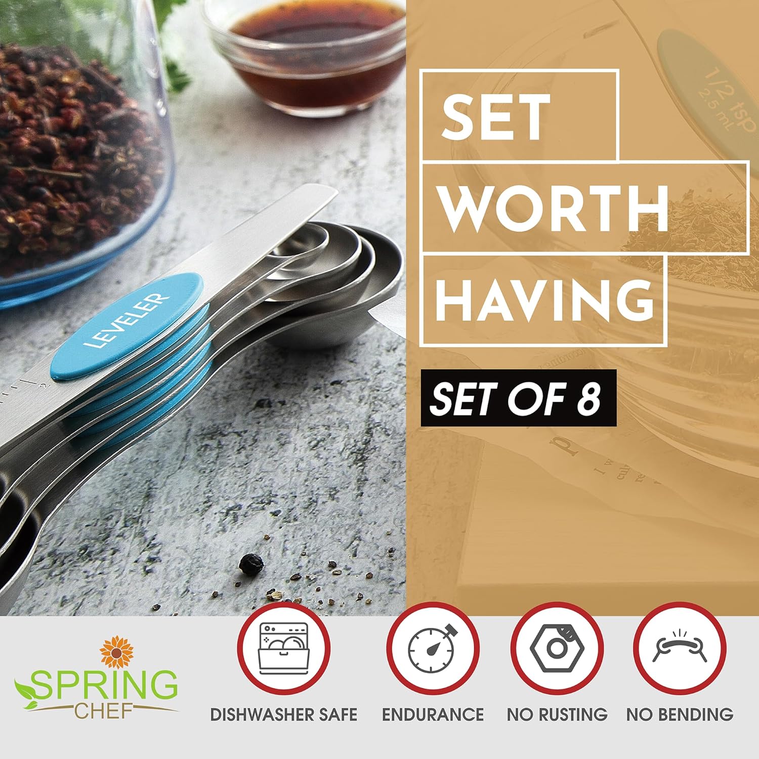 Spring Chef Magnetic Measuring Spoons Set with Strong N45 Magnets, Heavy Duty Stainless Steel Metal, Fits in Most Kitchen Spice Jars for Baking & Cooking, BPA Free, Black, Set of 8 with Leveler