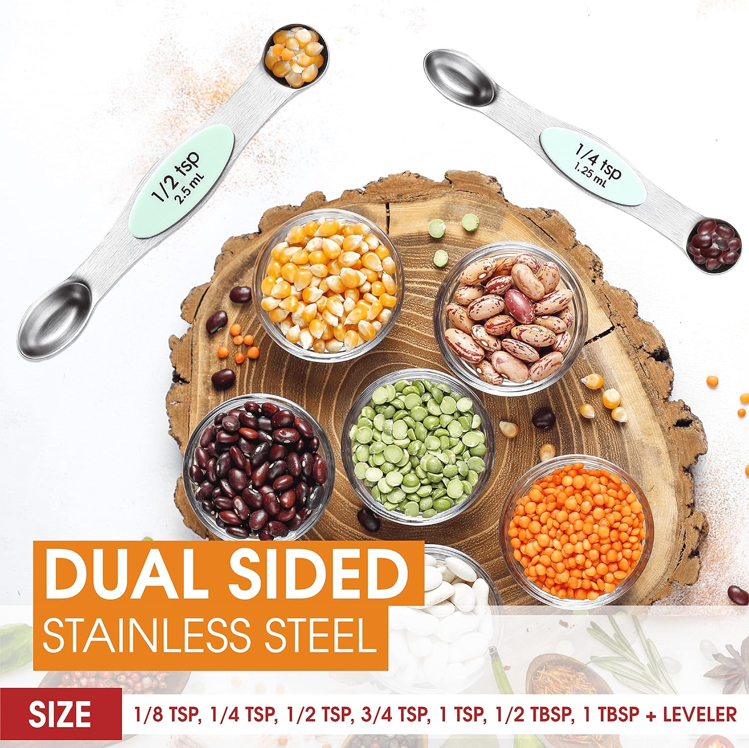 Spring Chef Magnetic Measuring Spoons Set with Strong N45 Magnets, Heavy Duty Stainless Steel Metal, Fits in Most Kitchen Spice Jars for Baking & Cooking, BPA Free, Black, Set of 8 with Leveler