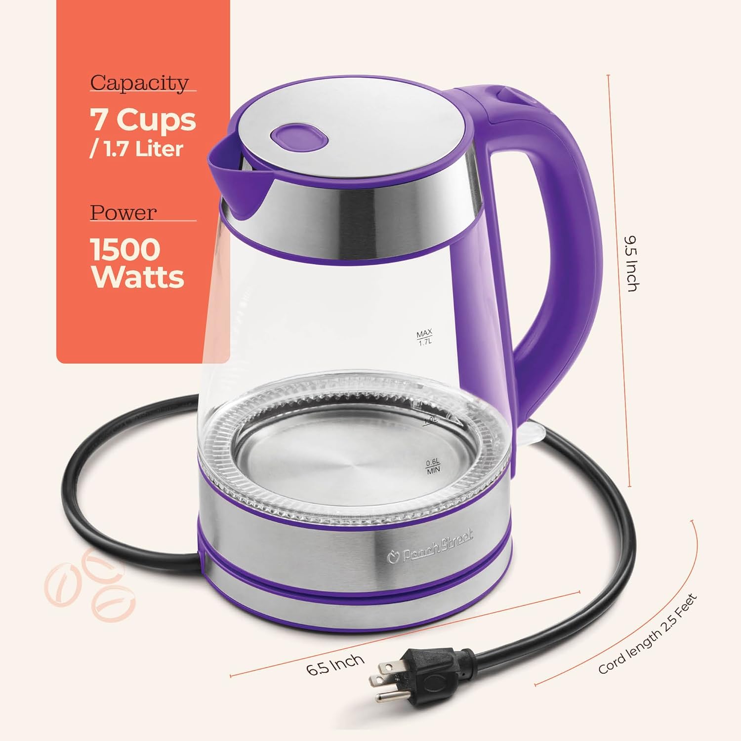 Speed-Boil Electric Kettle For Coffee & Tea - 1.7L Water Boiler 1500W, Borosilicate Glass, Easy Clean Wide Opening, Auto Shut-Off, Cool Touch Handle, LED Light. 360° Rotation, Boil Dry Protection