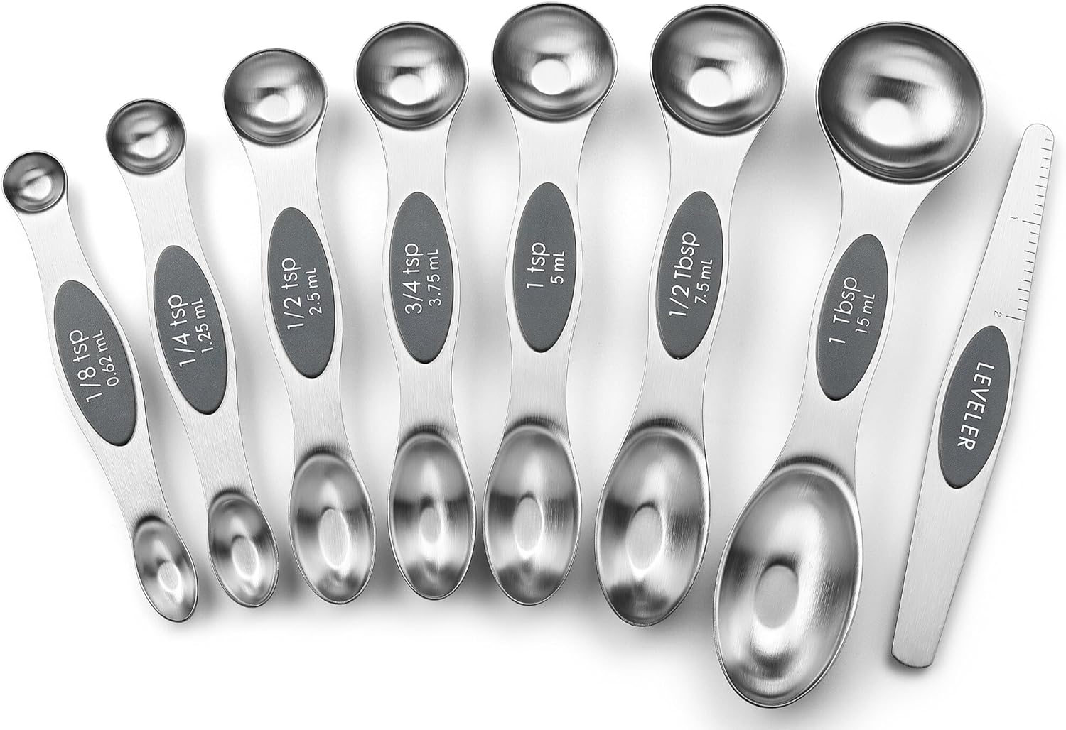 Spring Chef Magnetic Measuring Spoons Set with Strong N45 Magnets, Heavy Duty Stainless Steel Metal, Fits in Most Kitchen Spice Jars for Baking & Cooking, BPA Free, Black, Set of 8 with Leveler