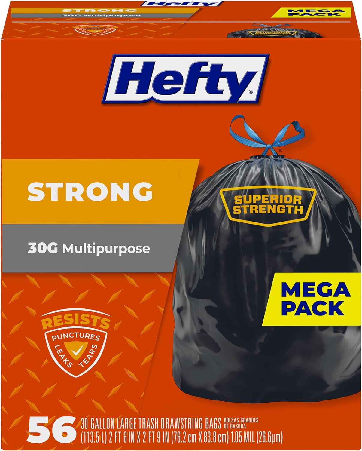 Hefty Strong Large Trash Bags, 30 Gallon, 74 Count (Packaging may vary)