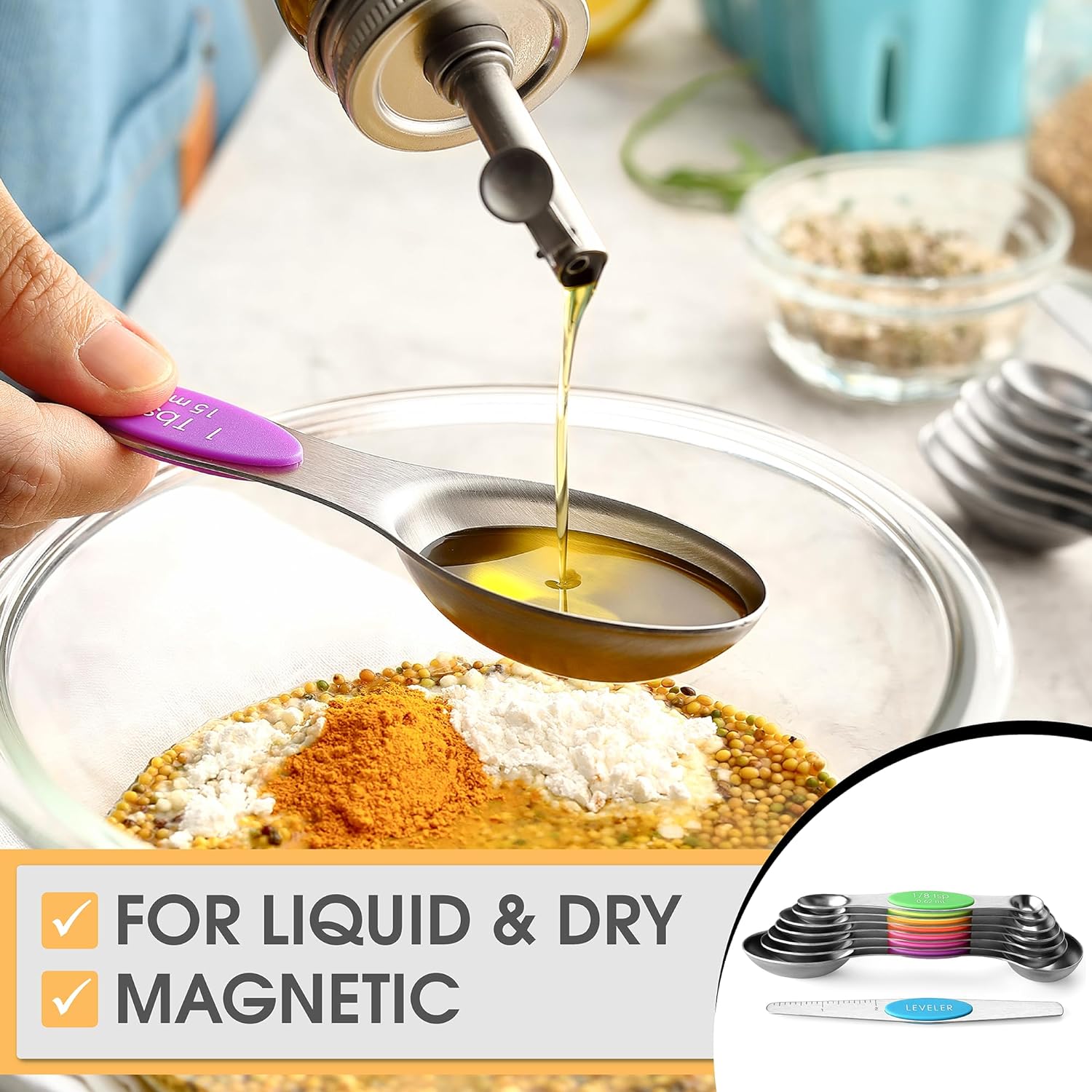 Spring Chef Magnetic Measuring Spoons Set with Strong N45 Magnets, Heavy Duty Stainless Steel Metal, Fits in Most Kitchen Spice Jars for Baking & Cooking, BPA Free, Black, Set of 8 with Leveler