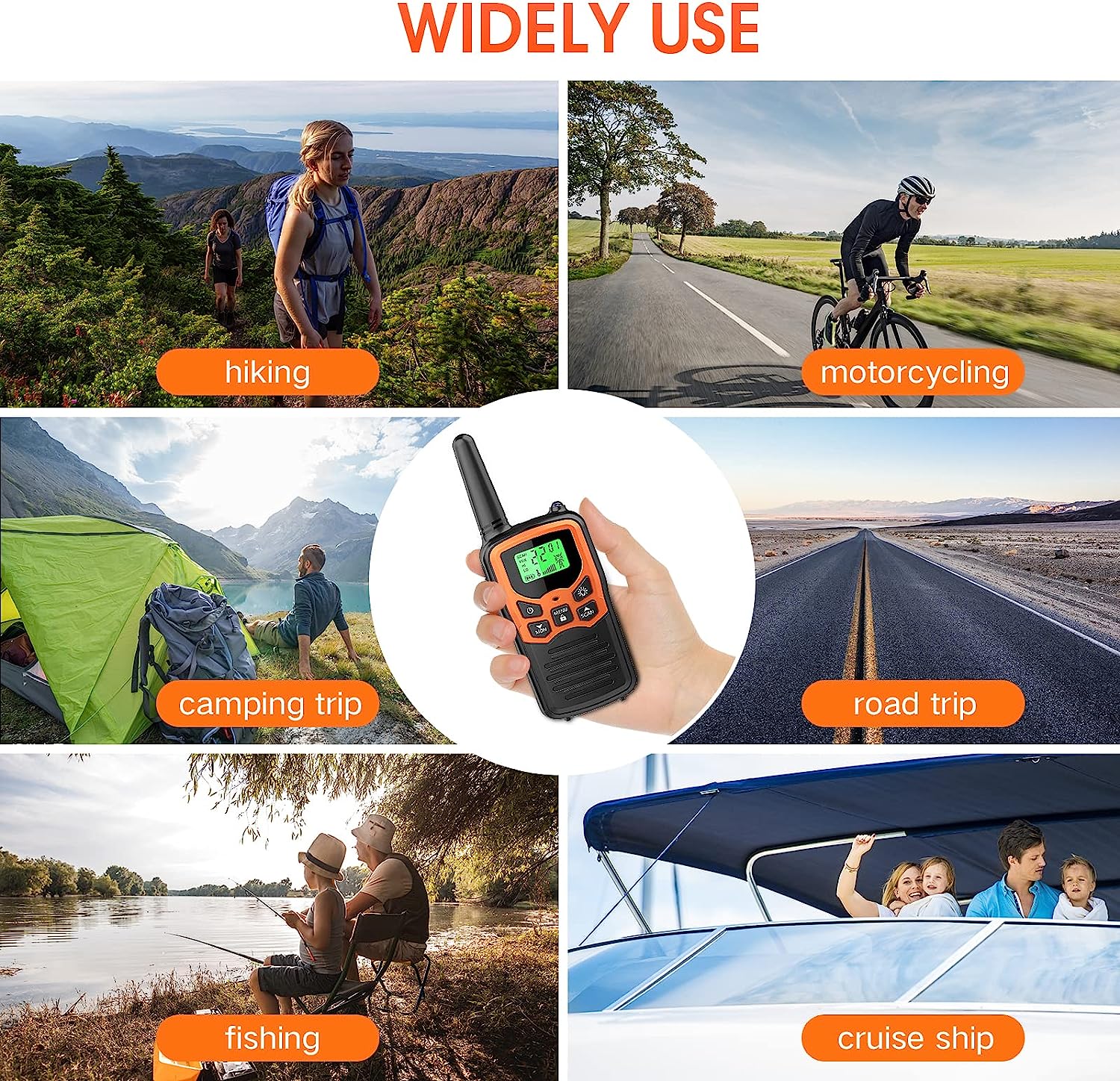 Walkie Talkies, MOICO Long Range Walkie Talkies for Adults with 22 FRS Channels, Family Walkie Talkie with LED Flashlight VOX LCD Display for Hiking Camping Trip (Orange 2 Pack)