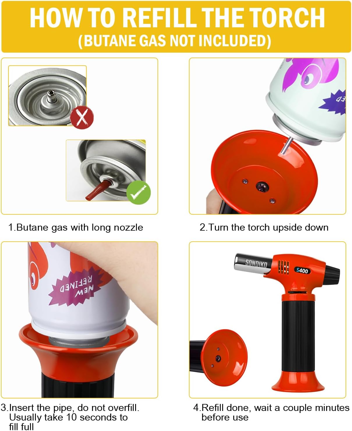 Sondiko Butane Torch S400, Refillable Kitchen Torch Lighter, Fit All Butane Tanks Blow Torch with Safety Lock and Adjustable Flame for Desserts, Creme Brulee, and Baking—Butane Gas Is Not Included