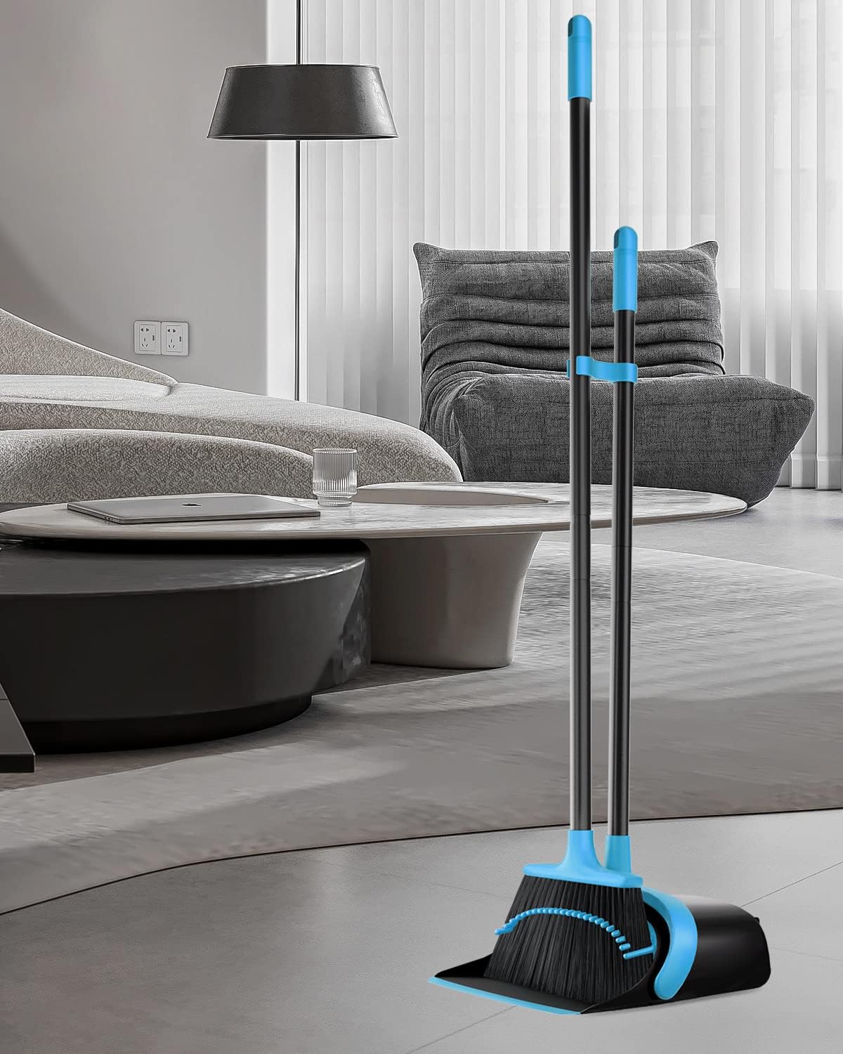 Broom with Dustpan Combo Set, Upgrade Broom and Dustpan Set for Home, 52'' Long Handle Broom and Dustpan Set, Standing Dustpan and Broom for Kitchen Office Lobby Floor