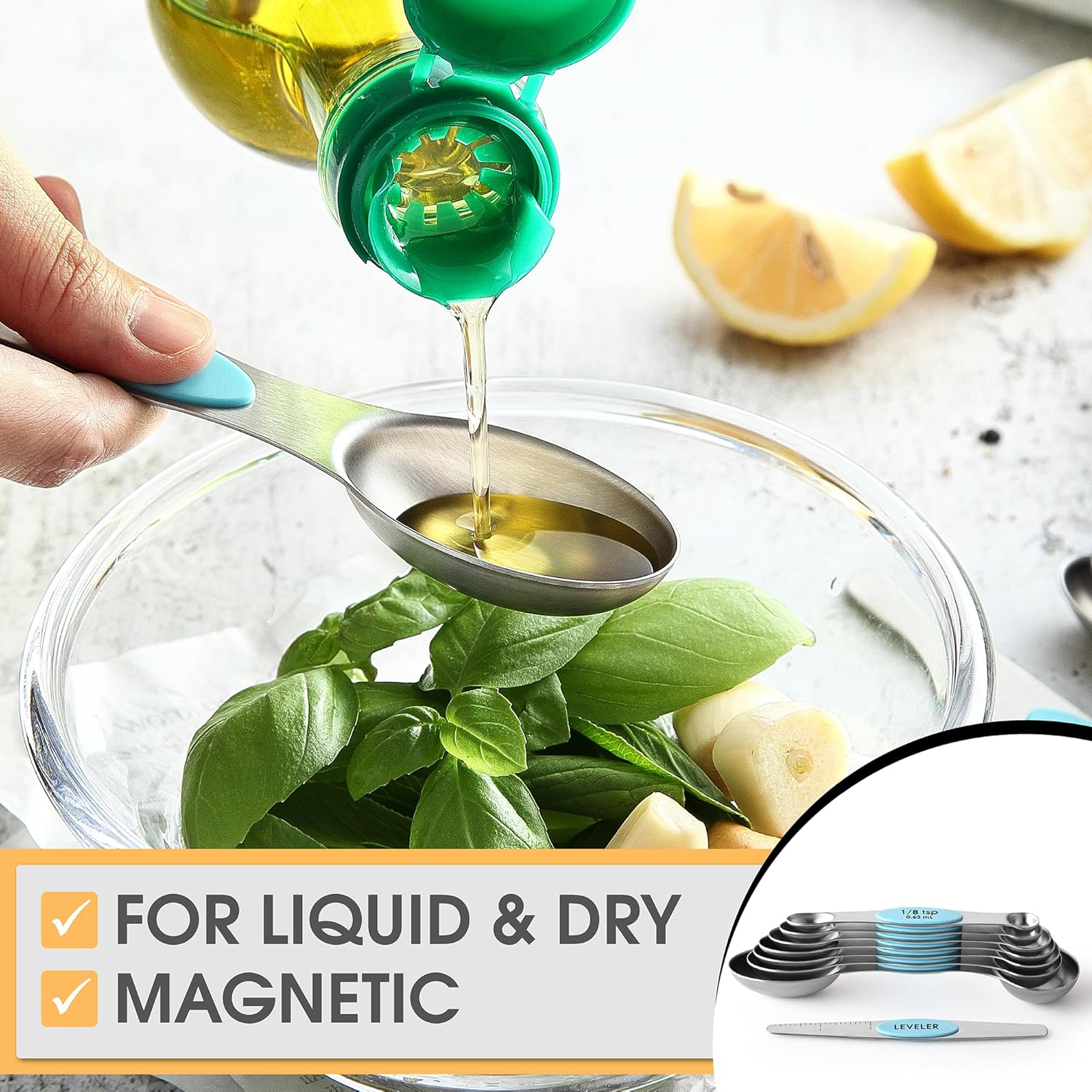 Spring Chef Magnetic Measuring Spoons Set with Strong N45 Magnets, Heavy Duty Stainless Steel Metal, Fits in Most Kitchen Spice Jars for Baking & Cooking, BPA Free, Black, Set of 8 with Leveler