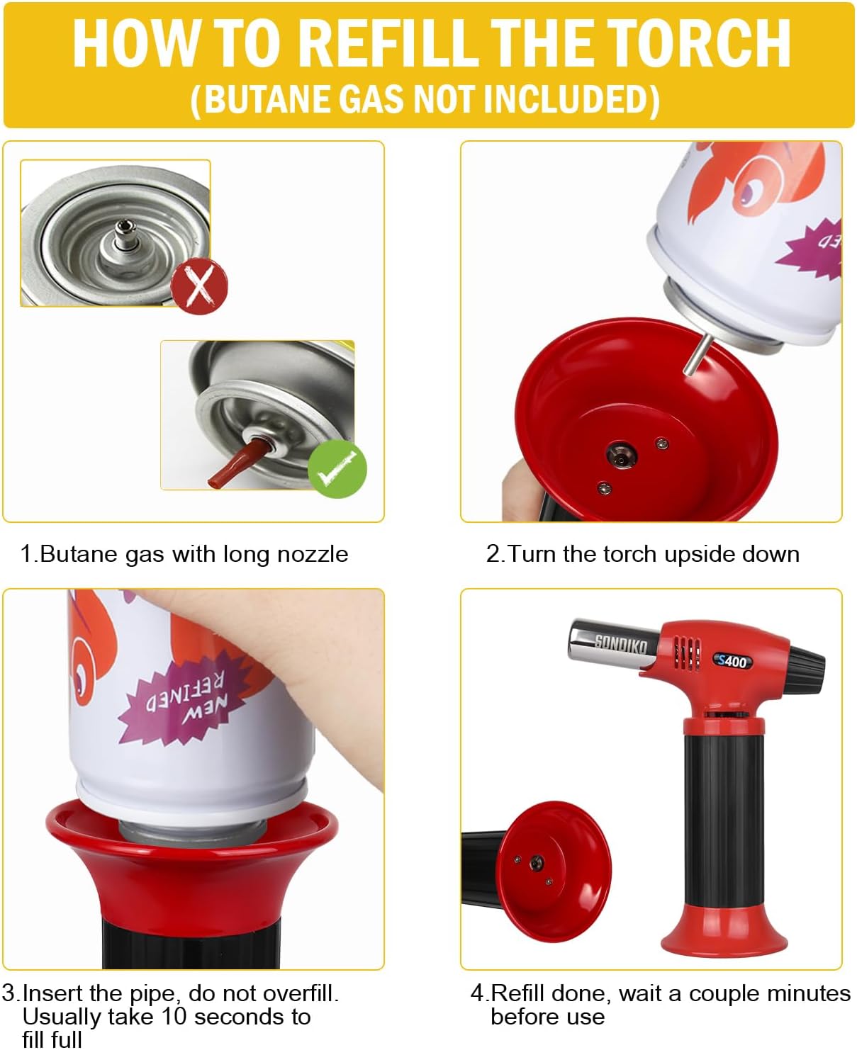 Sondiko Butane Torch S400, Refillable Kitchen Torch Lighter, Fit All Butane Tanks Blow Torch with Safety Lock and Adjustable Flame for Desserts, Creme Brulee, and Baking—Butane Gas Is Not Included
