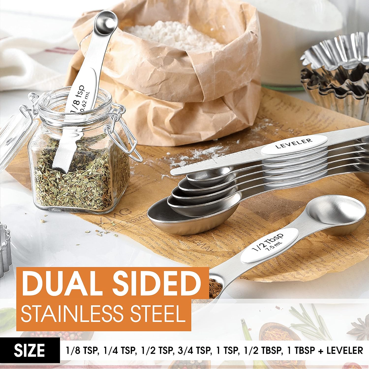 Spring Chef Magnetic Measuring Spoons Set with Strong N45 Magnets, Heavy Duty Stainless Steel Metal, Fits in Most Kitchen Spice Jars for Baking & Cooking, BPA Free, Black, Set of 8 with Leveler