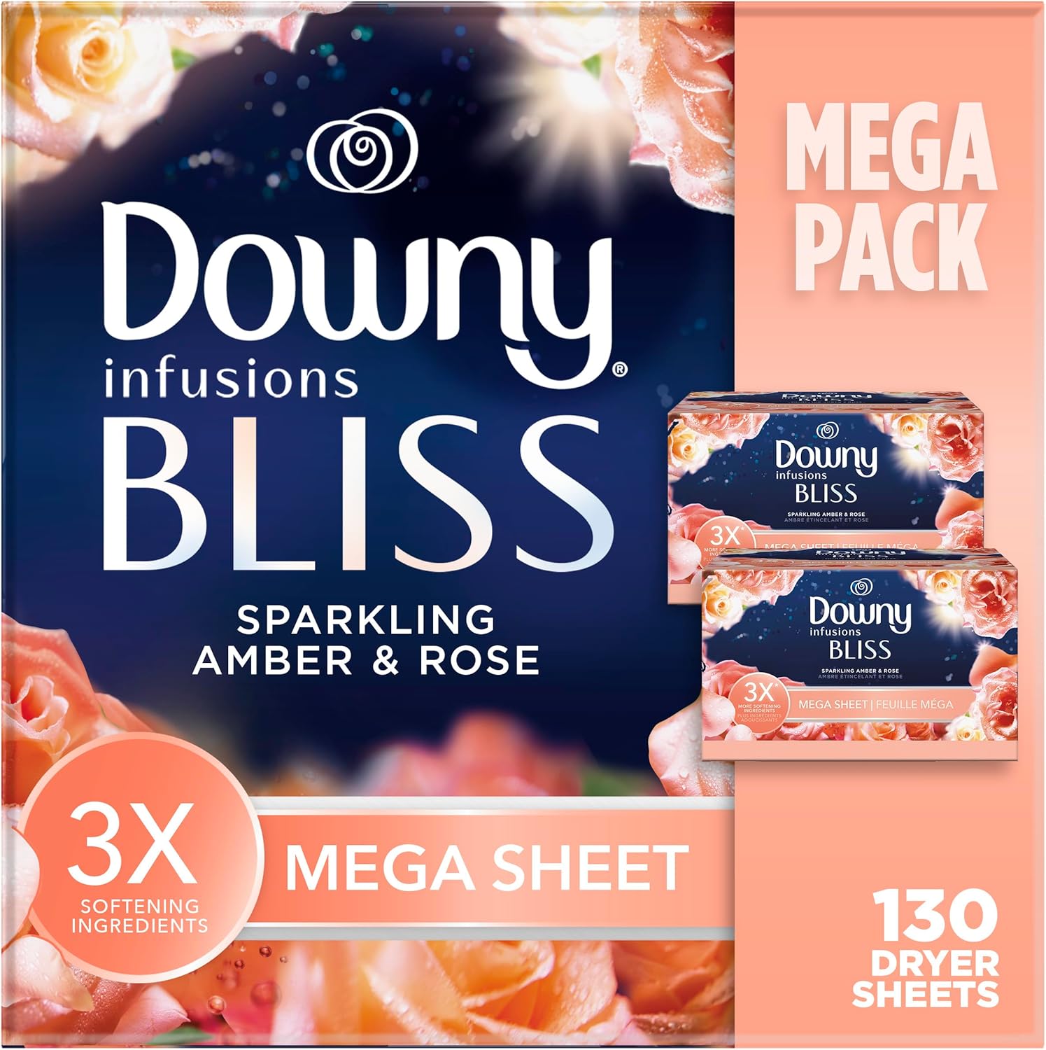 Downy Infusions Mega Dryer Sheets, Laundry Fabric Softener, CALM, Lavender and Vanilla Bean, 180 Count (3 box of 60 sheets)
