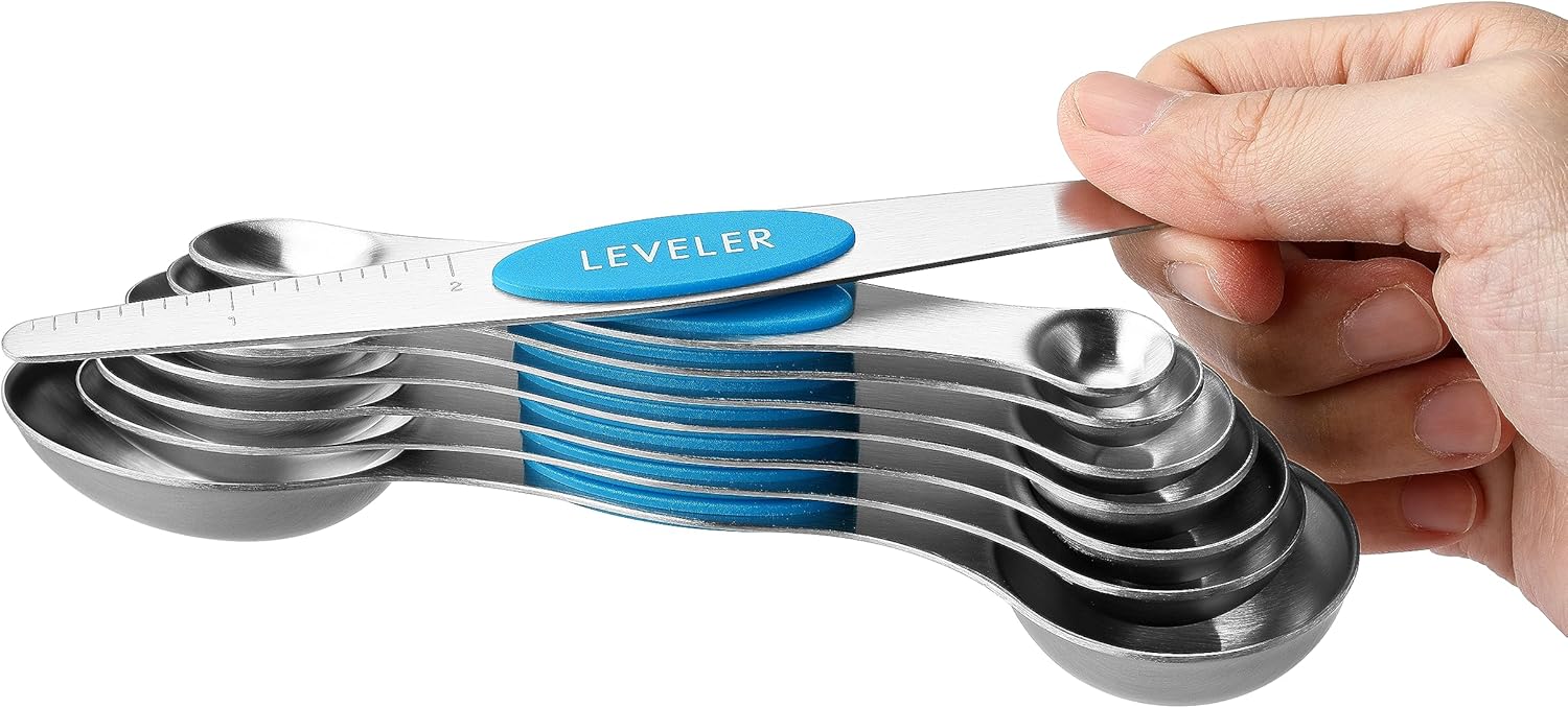 Spring Chef Magnetic Measuring Spoons Set with Strong N45 Magnets, Heavy Duty Stainless Steel Metal, Fits in Most Kitchen Spice Jars for Baking & Cooking, BPA Free, Black, Set of 8 with Leveler