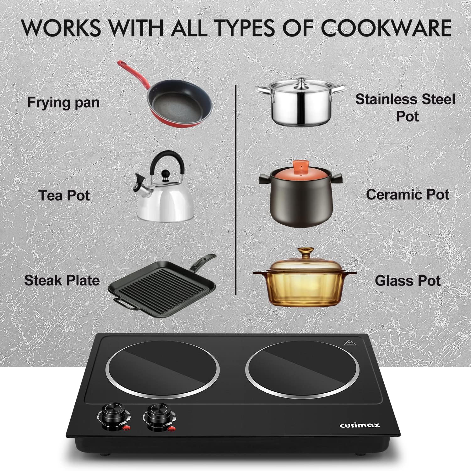 CUSIMAX Electric Hot Plate for Cooking Portable Single Burner 1500W Cast Iron hot plates Heat-up in Seconds Adjustable Temperature Control Stainless Steel Non-Slip Rubber Feet Upgraded Version B101