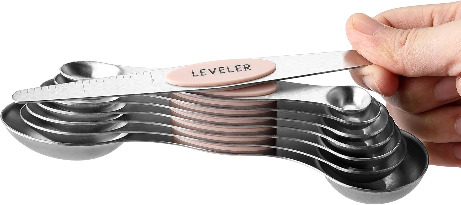 Spring Chef Magnetic Measuring Spoons Set with Strong N45 Magnets, Heavy Duty Stainless Steel Metal, Fits in Most Kitchen Spice Jars for Baking & Cooking, BPA Free, Black, Set of 8 with Leveler