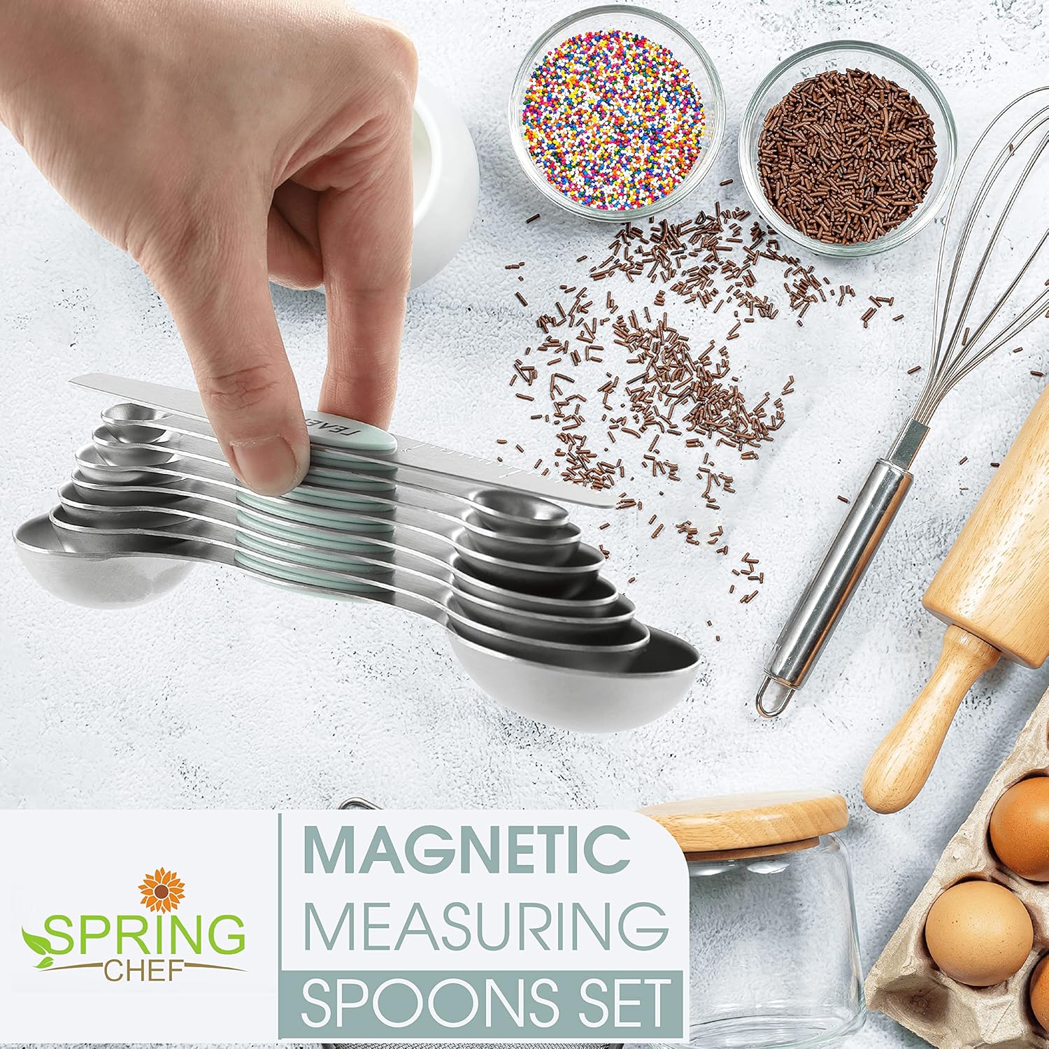 Spring Chef Magnetic Measuring Spoons Set with Strong N45 Magnets, Heavy Duty Stainless Steel Metal, Fits in Most Kitchen Spice Jars for Baking & Cooking, BPA Free, Black, Set of 8 with Leveler