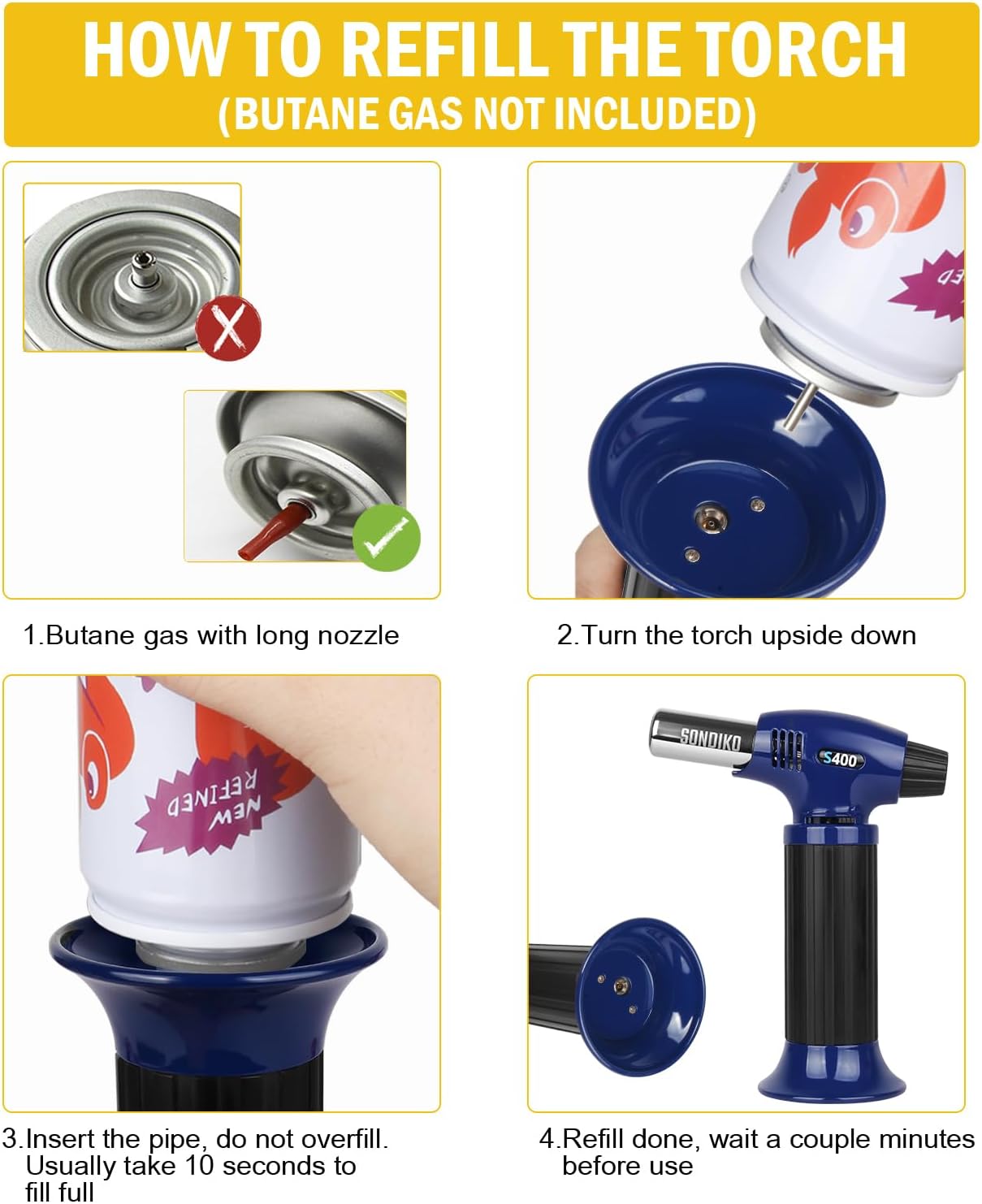 Sondiko Butane Torch S400, Refillable Kitchen Torch Lighter, Fit All Butane Tanks Blow Torch with Safety Lock and Adjustable Flame for Desserts, Creme Brulee, and Baking—Butane Gas Is Not Included