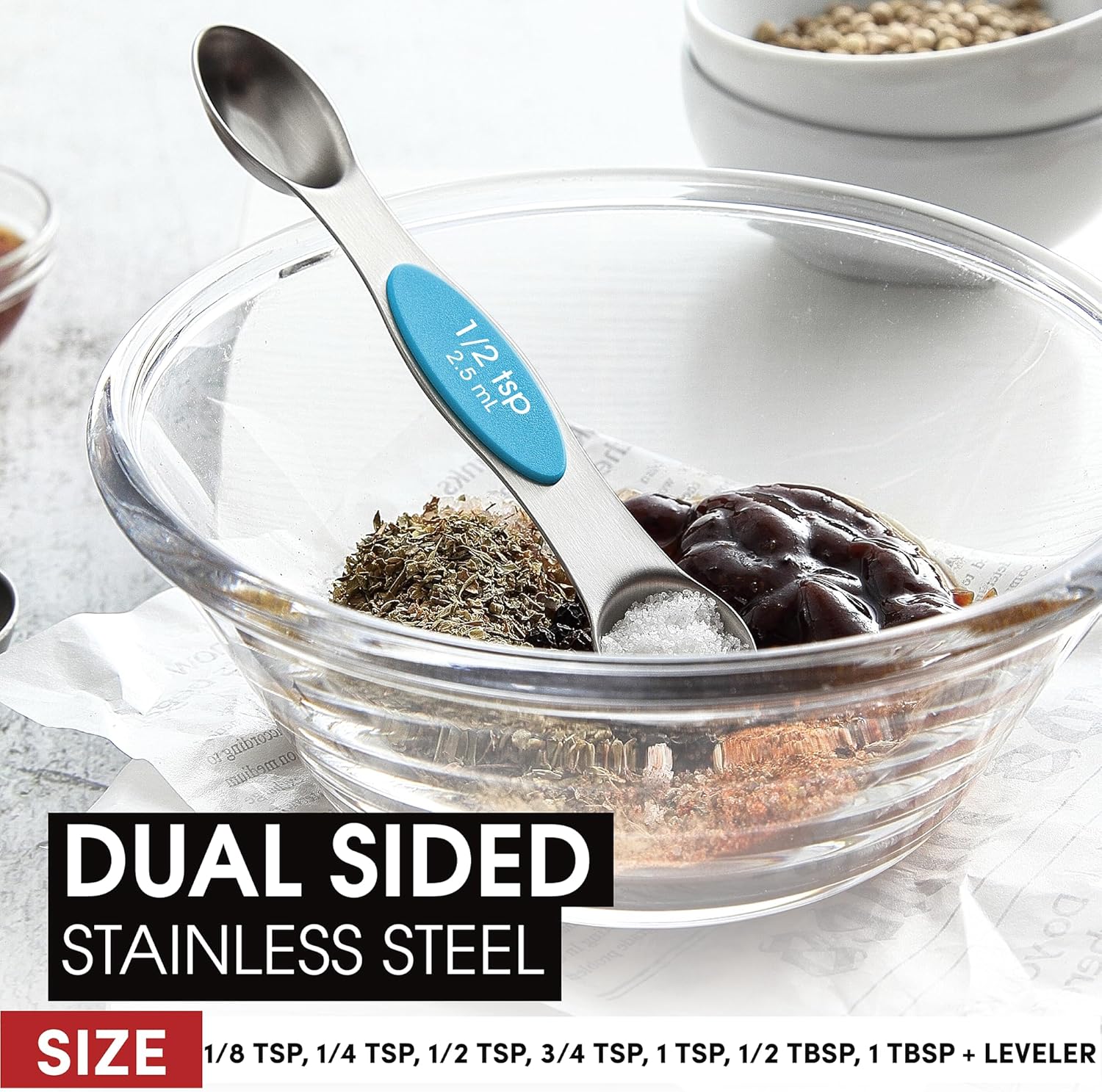 Spring Chef Magnetic Measuring Spoons Set with Strong N45 Magnets, Heavy Duty Stainless Steel Metal, Fits in Most Kitchen Spice Jars for Baking & Cooking, BPA Free, Black, Set of 8 with Leveler