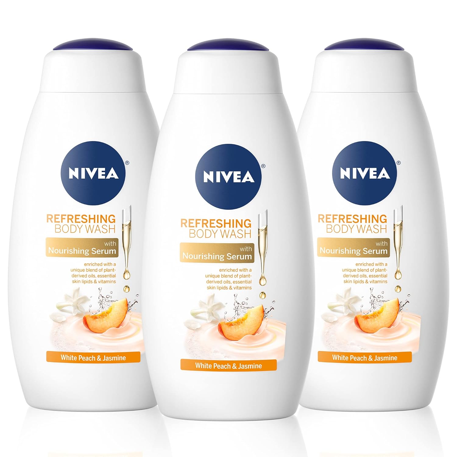 NIVEA Refreshing White Peach and Jasmine Body Wash, Scented Body Wash with Nourishing Serum, Plant-Derived Oils, Essential Skin Lipids and Vitamins, 20 Fl Oz Bottle