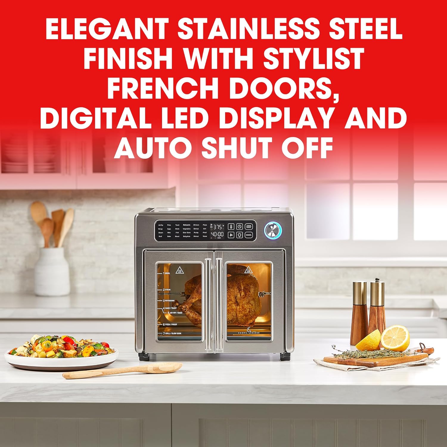 Emeril Lagasse Extra Large French Door Air Fryer Toaster Oven Combo, 25 Cooking Functions and Digital Controls, 7 Accessories Included, Stainless Steel Finish, 26QT Capacity