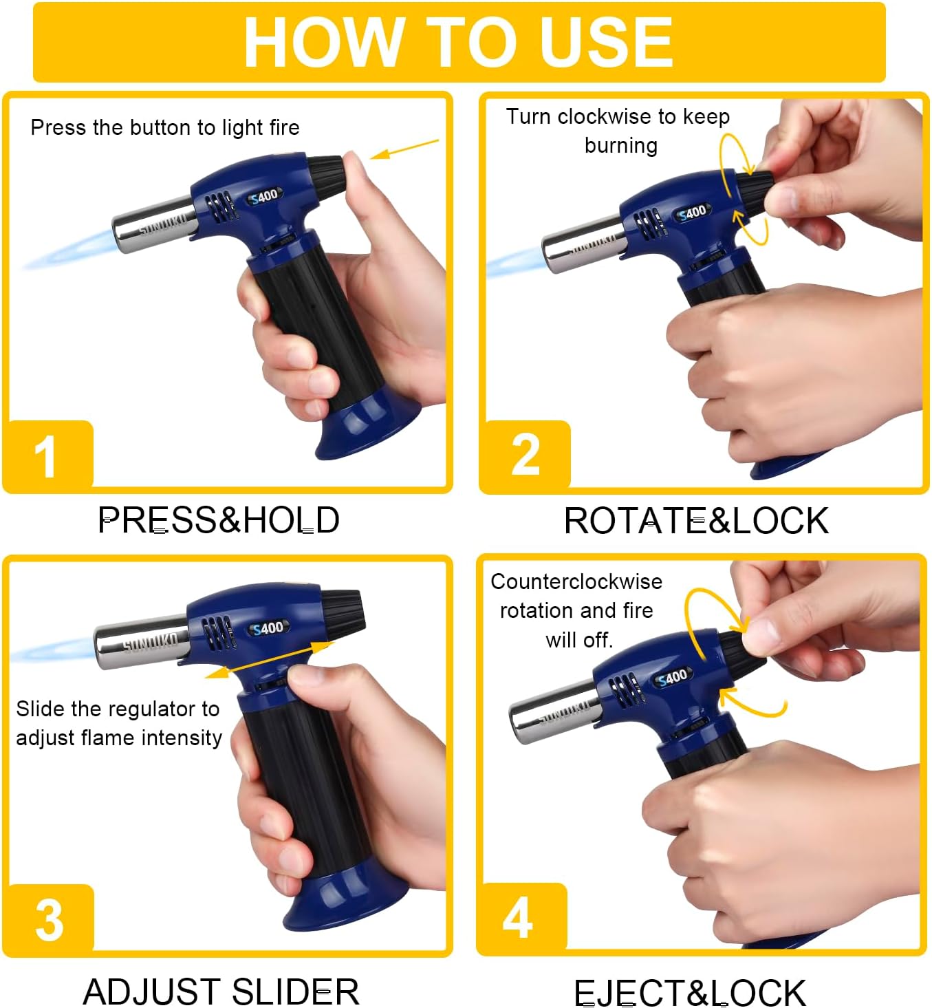 Sondiko Butane Torch S400, Refillable Kitchen Torch Lighter, Fit All Butane Tanks Blow Torch with Safety Lock and Adjustable Flame for Desserts, Creme Brulee, and Baking—Butane Gas Is Not Included