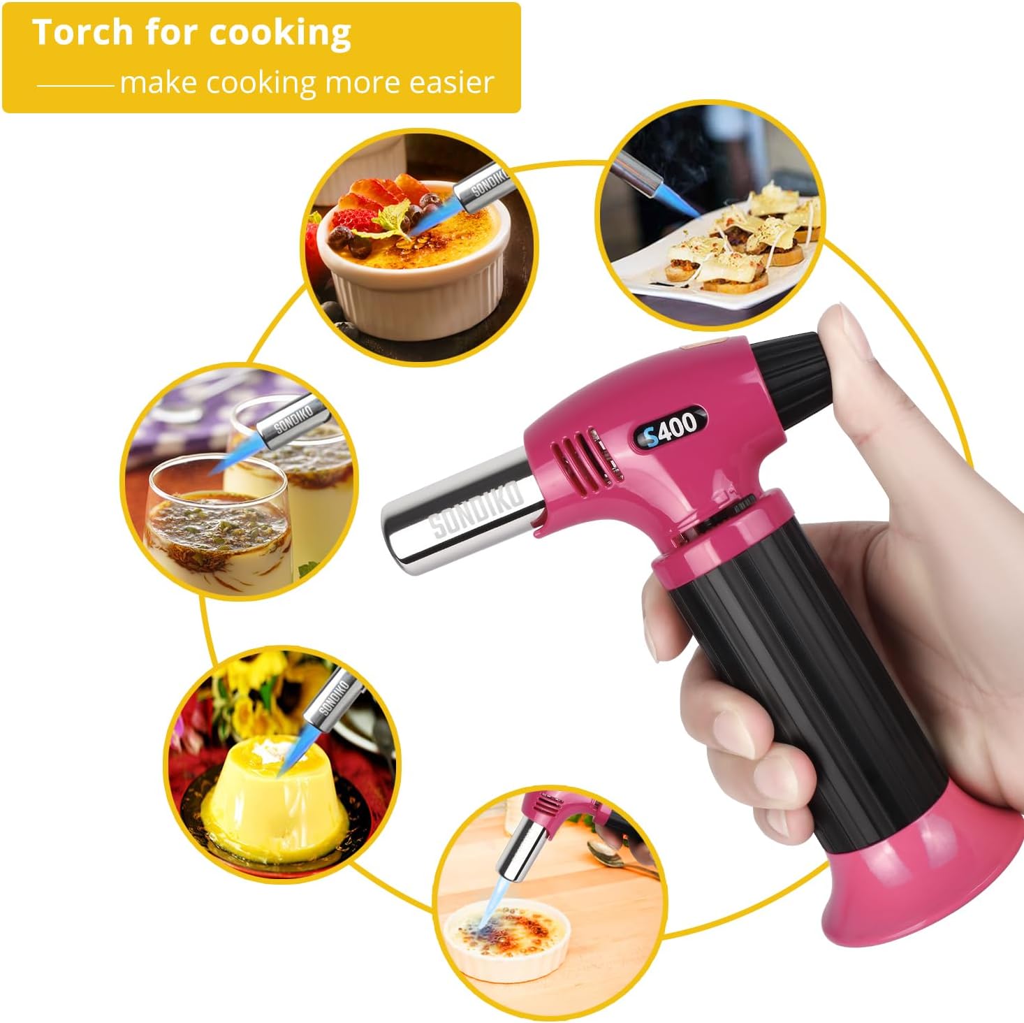 Sondiko Butane Torch S400, Refillable Kitchen Torch Lighter, Fit All Butane Tanks Blow Torch with Safety Lock and Adjustable Flame for Desserts, Creme Brulee, and Baking—Butane Gas Is Not Included