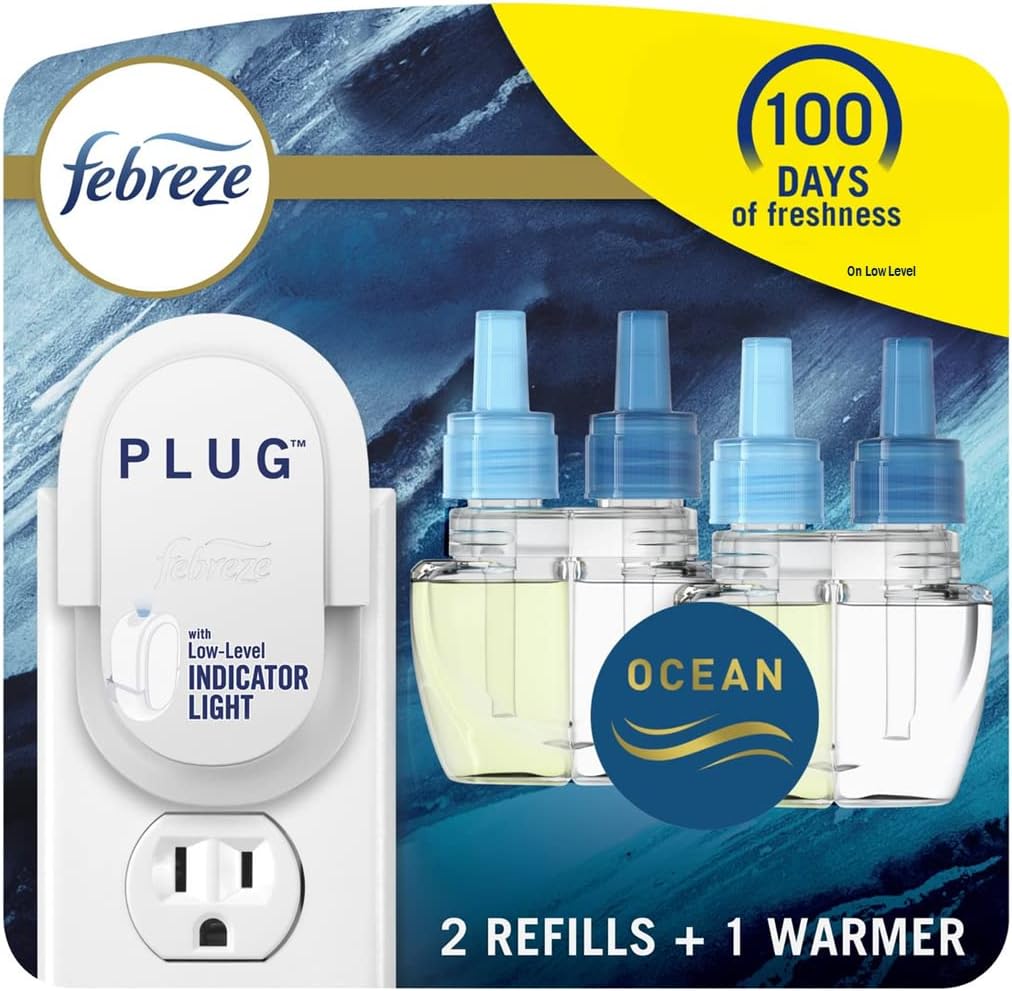 Febreze Plug in Air Fresheners for Home, Air Freshener Plug in, Wall Diffuser, Ocean Scent, Odor Fighter for Strong Odors, 1 Warmer + 2 Oil Refills