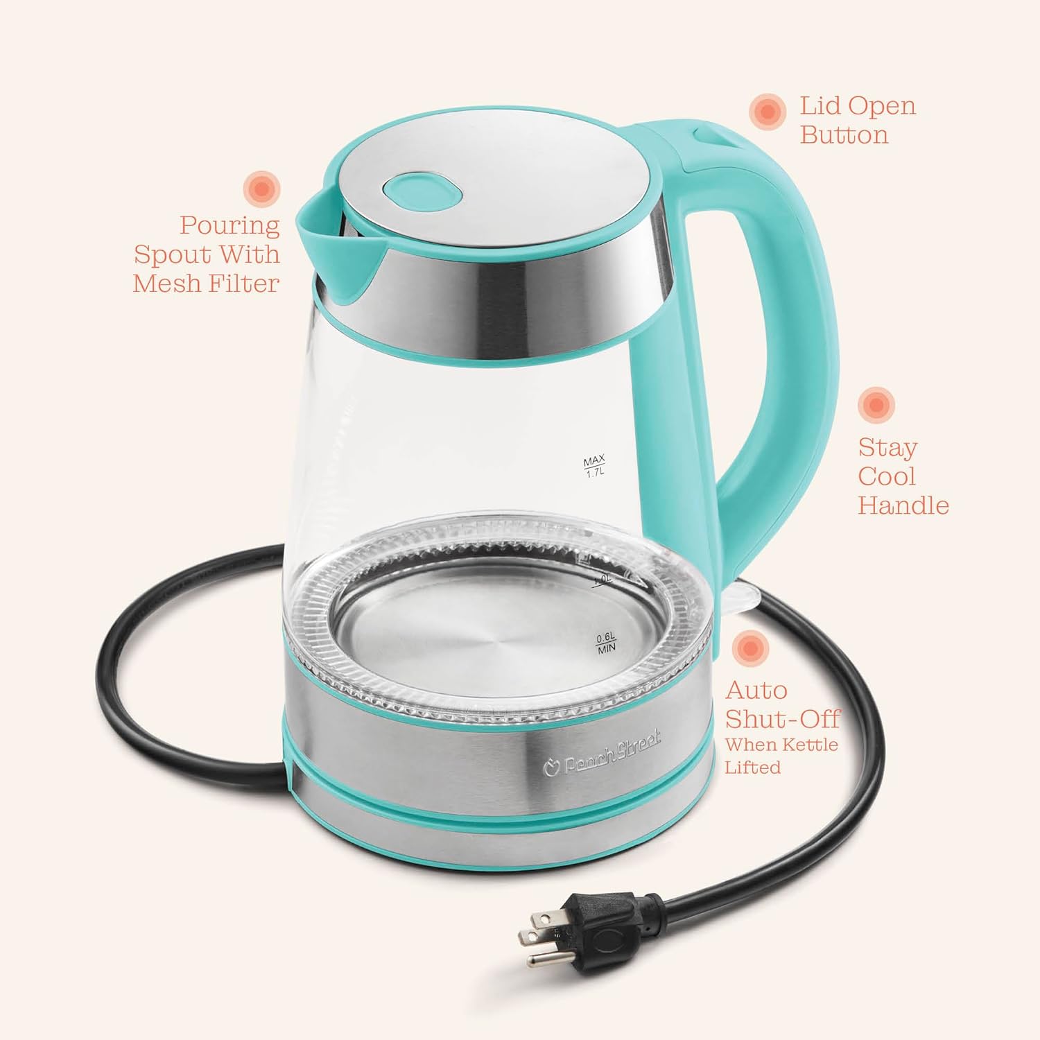Speed-Boil Electric Kettle For Coffee & Tea - 1.7L Water Boiler 1500W, Borosilicate Glass, Easy Clean Wide Opening, Auto Shut-Off, Cool Touch Handle, LED Light. 360° Rotation, Boil Dry Protection