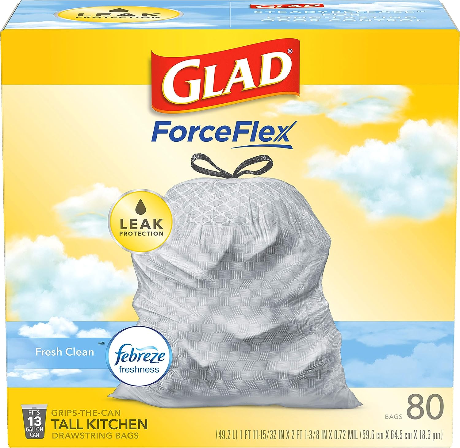 Glad ForceFlex Protection Series, Tall Kitchen Trash Bags, 13 Gal, Fresh Clean with Febreze, 110 Count (Packaging May Vary)